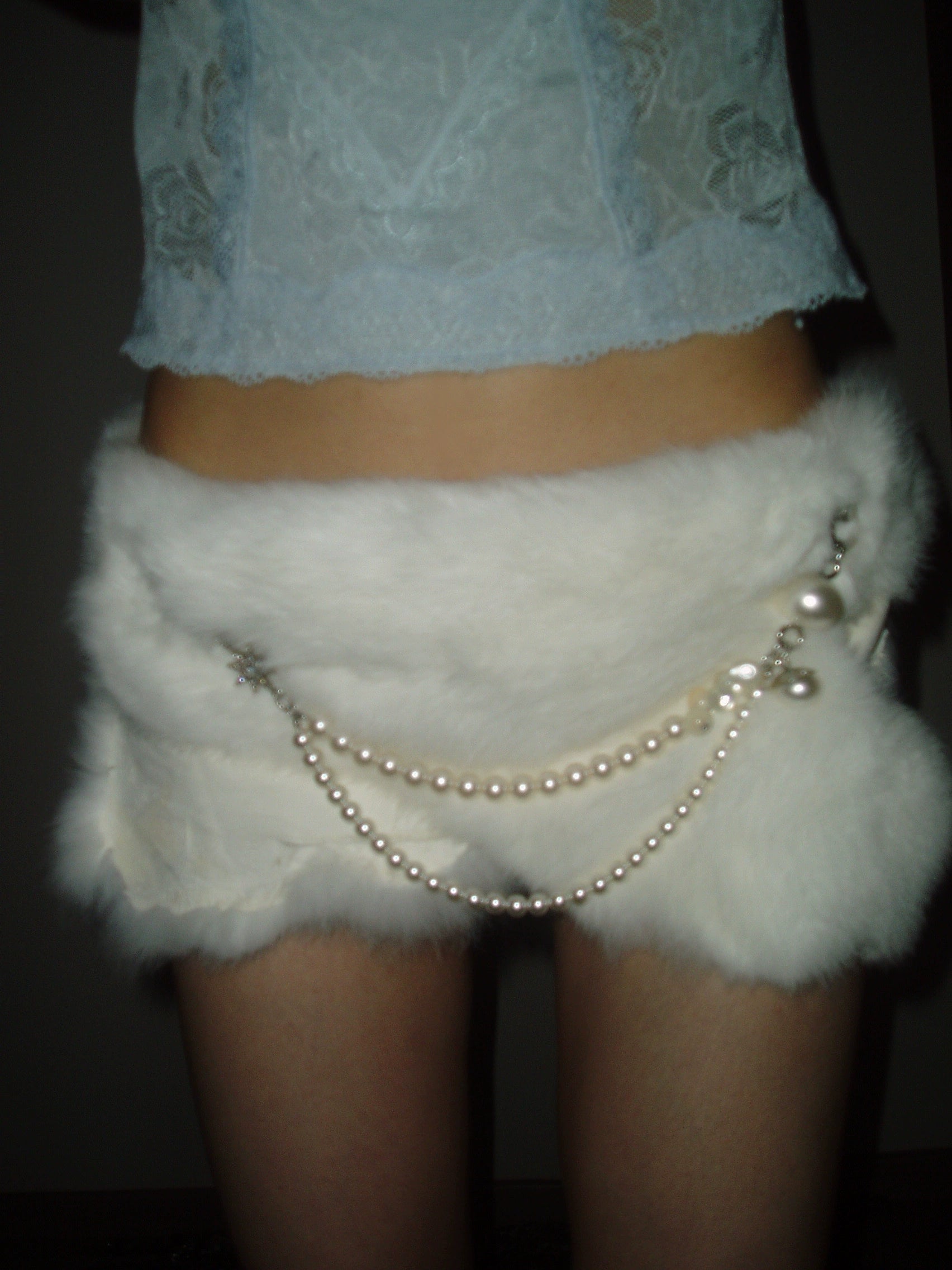White Rabbit Fur Pearl Chain Belt