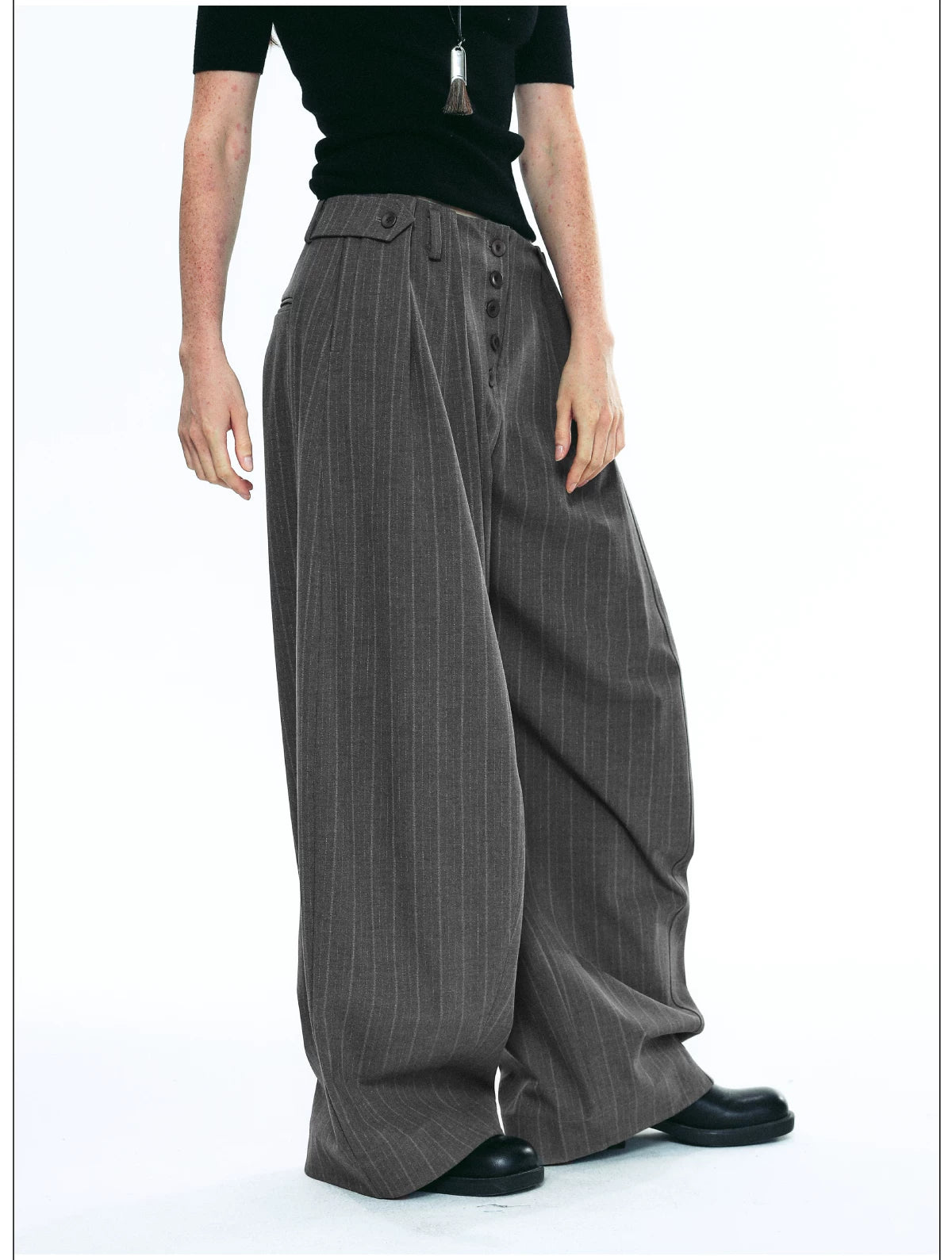 Exposed Button Pinstripe Wide Trousers