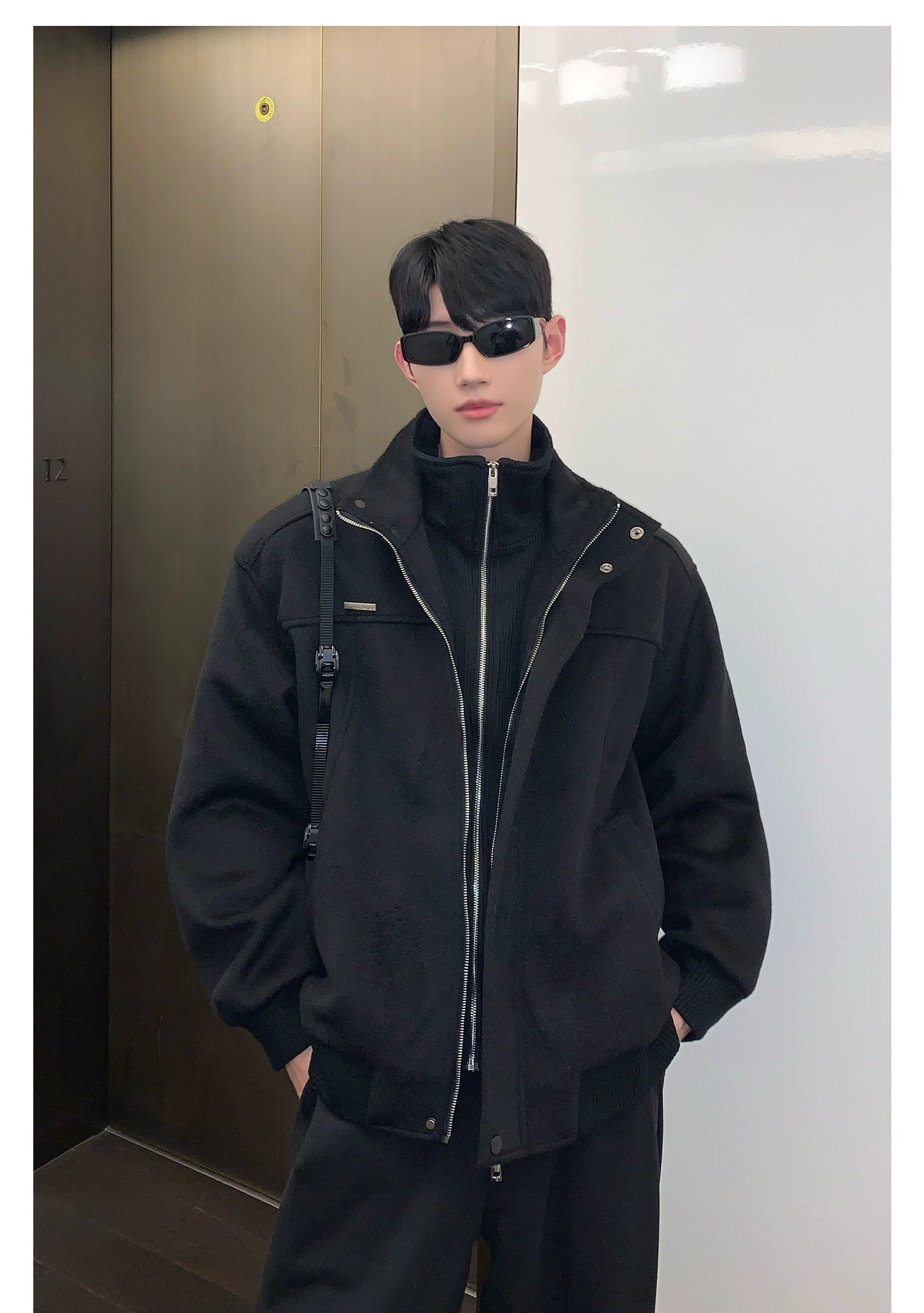 Bomber Jacket with Stand Collar and Ribbed Cuffs