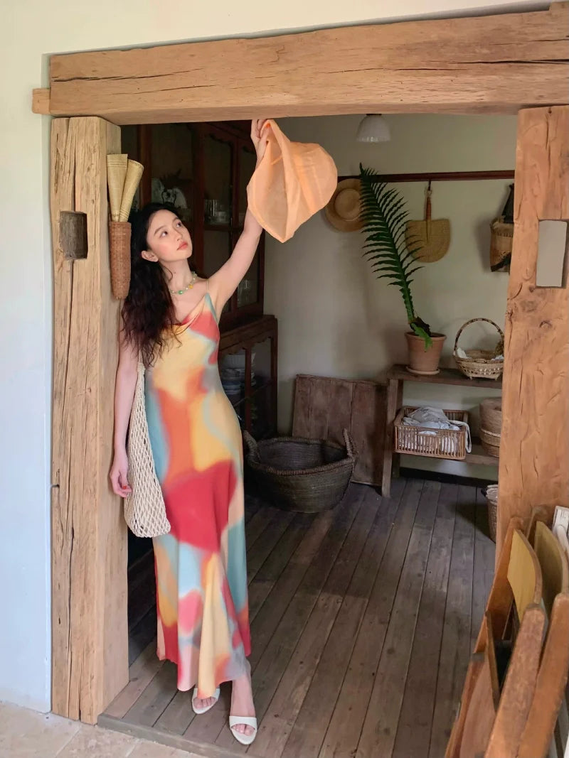 Colorful Abstract Print Spaghetti Strap Maxi Dress