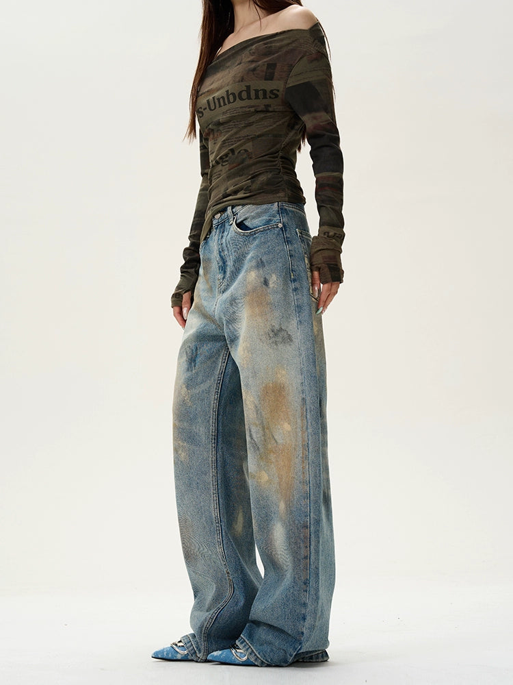 Distressed Blue Wide Leg Baggy Jeans