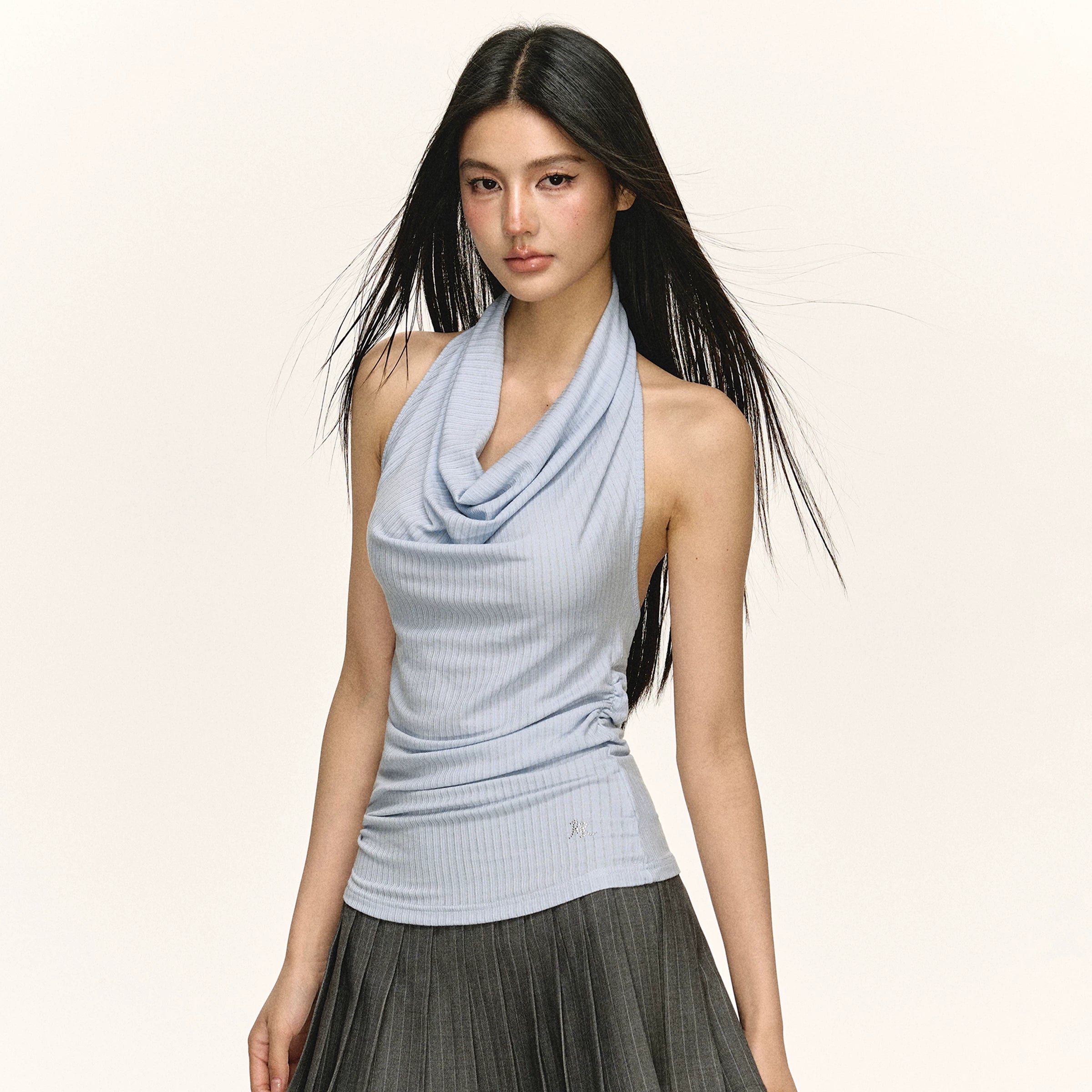 Retro Slim-fit Draped Cowl Neck Halter Top