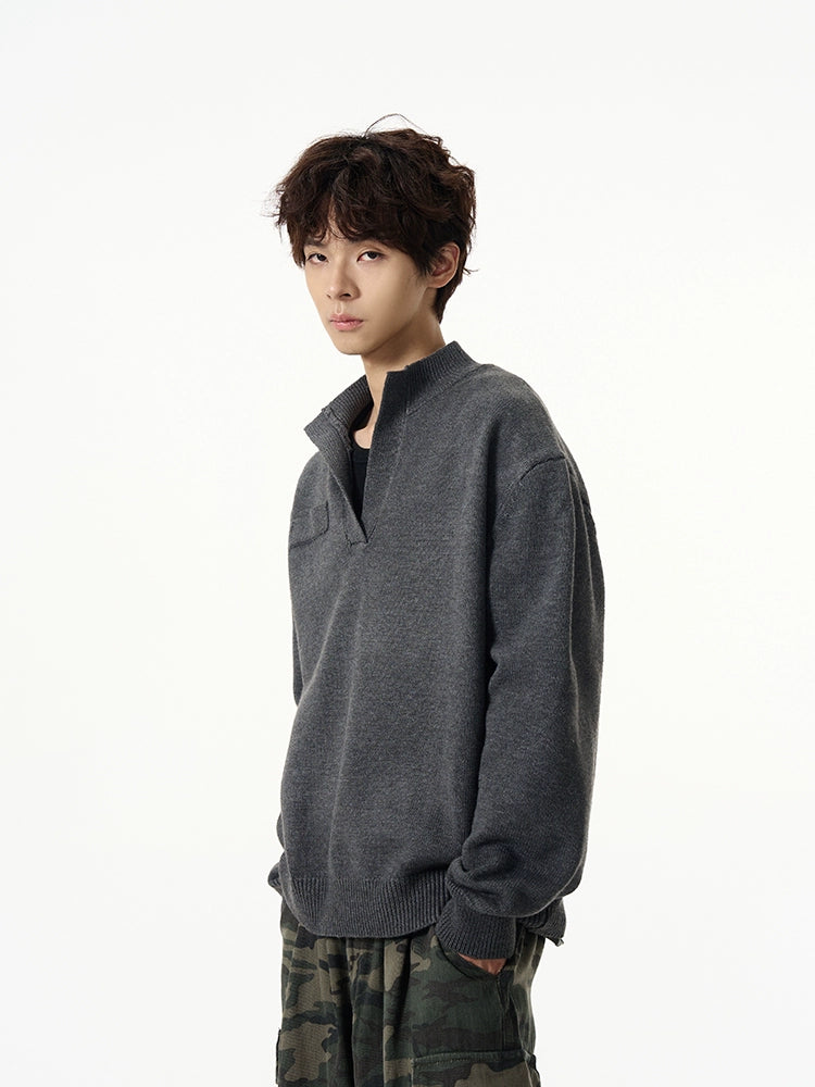 Charcoal Half-Placket Knit Sweater