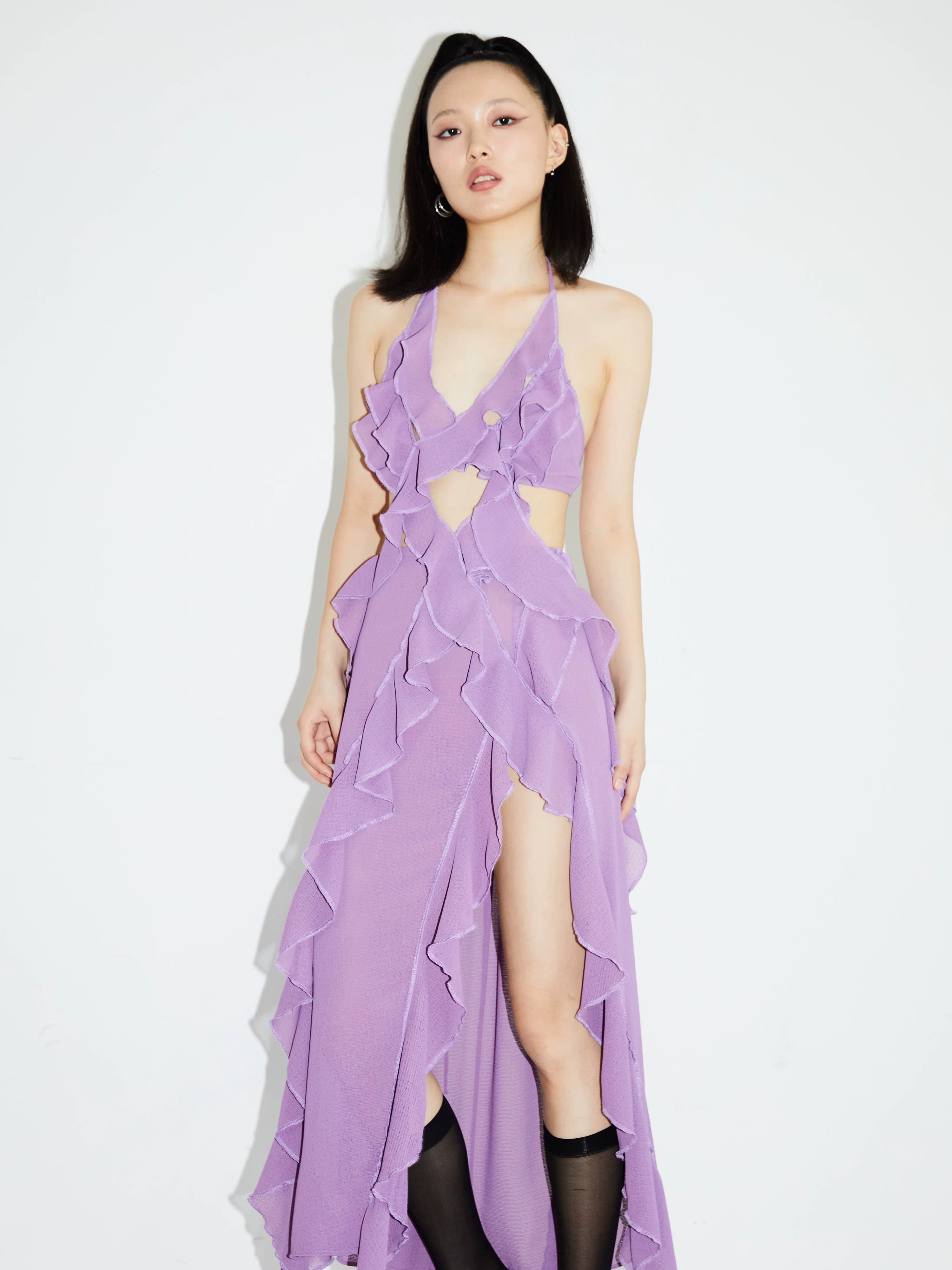 ruffle cutout maxi dress Lavender Purple / M CORSETQUEENS Color:Gold Sage Aquile Linen Dress by out waist