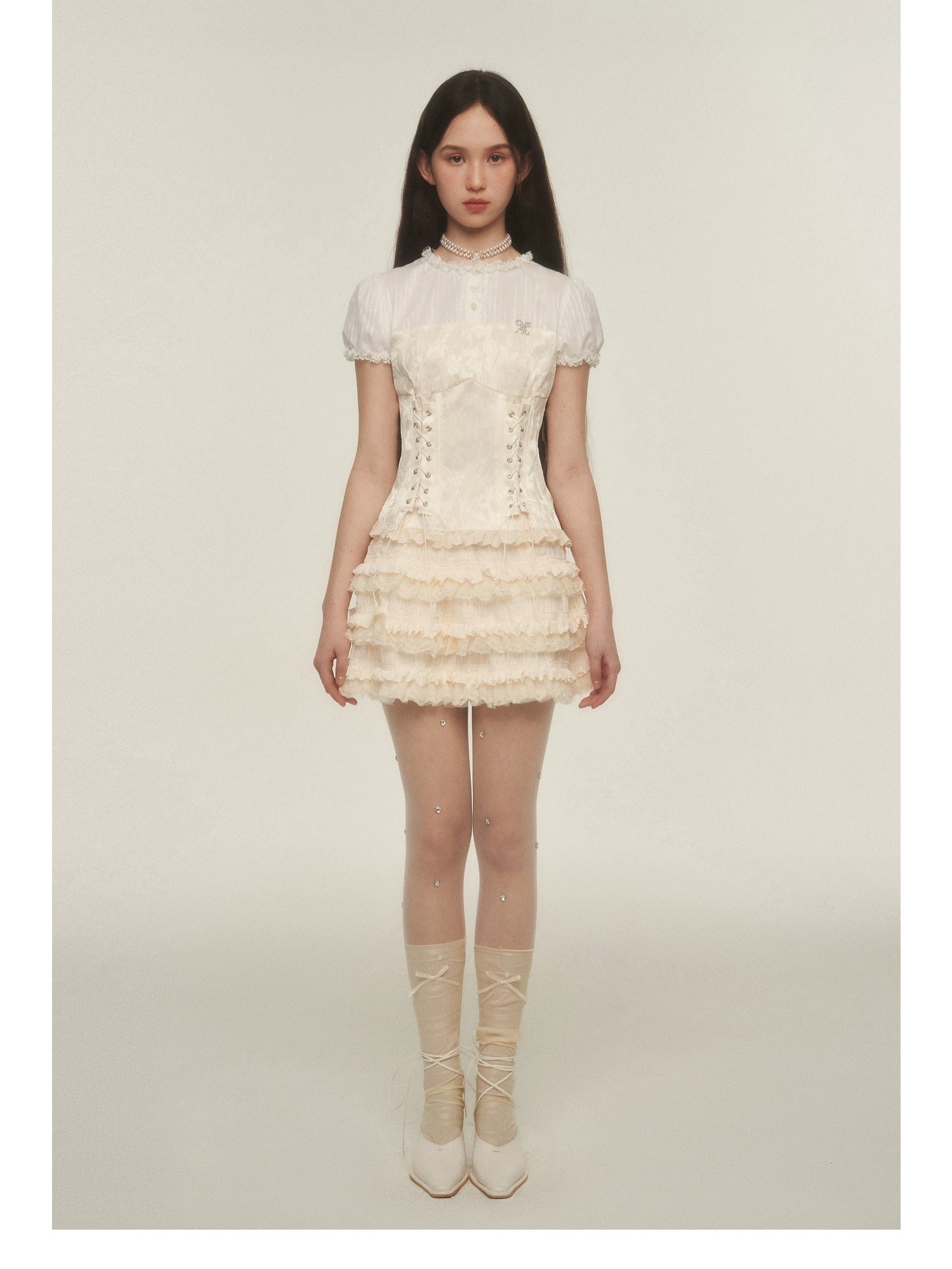 Cream Tiered Ruffle Mini Skirt with Lace Trim
