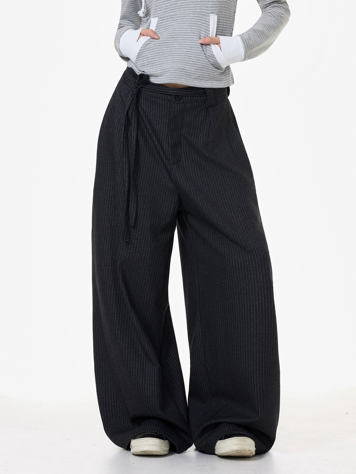 Midnight Pinstripe Wide-Leg Trousers