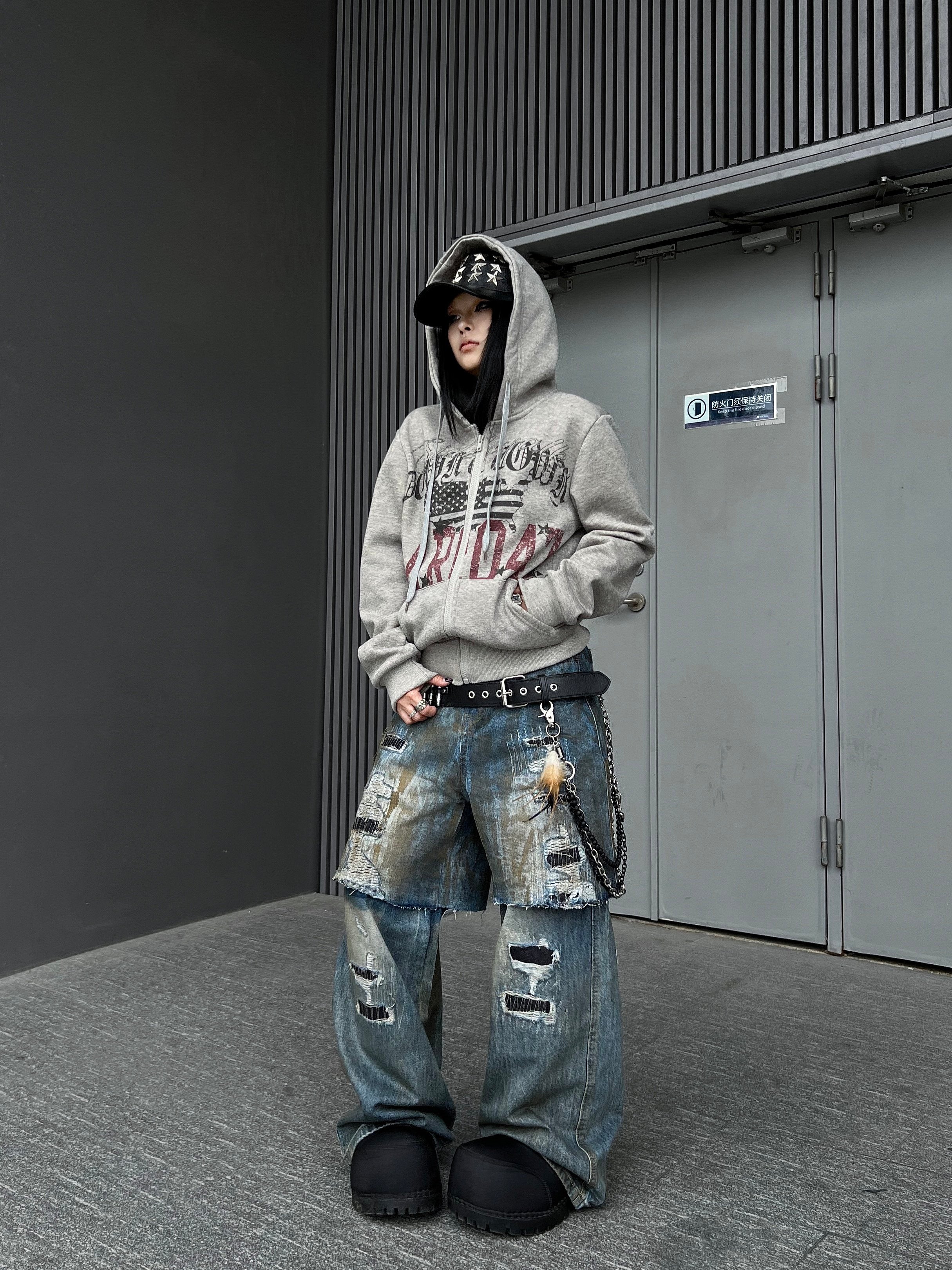 Men's Distressed Letter-Print Fleece-Lined Zip-Up Hoodie