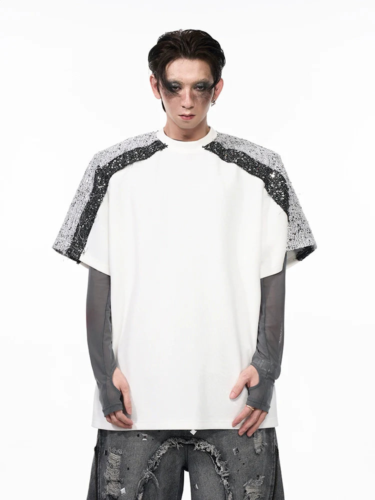 T-Shirt with Sequined Shoulder Detail and Mesh Sleeves