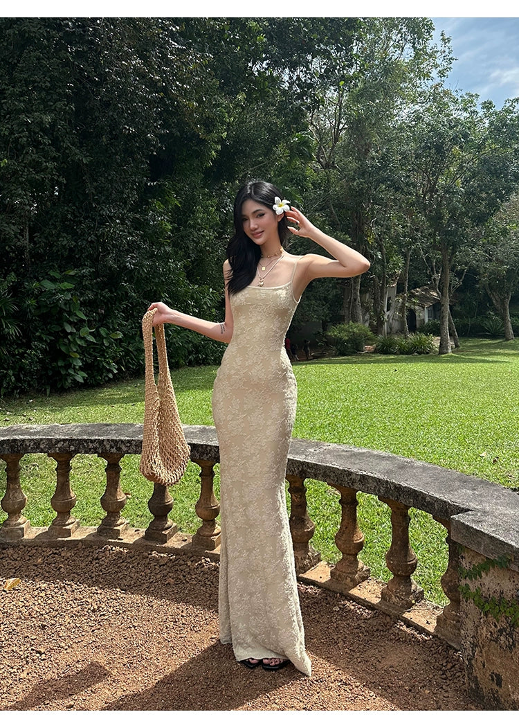 Beige Lace Mermaid Maxi Dress