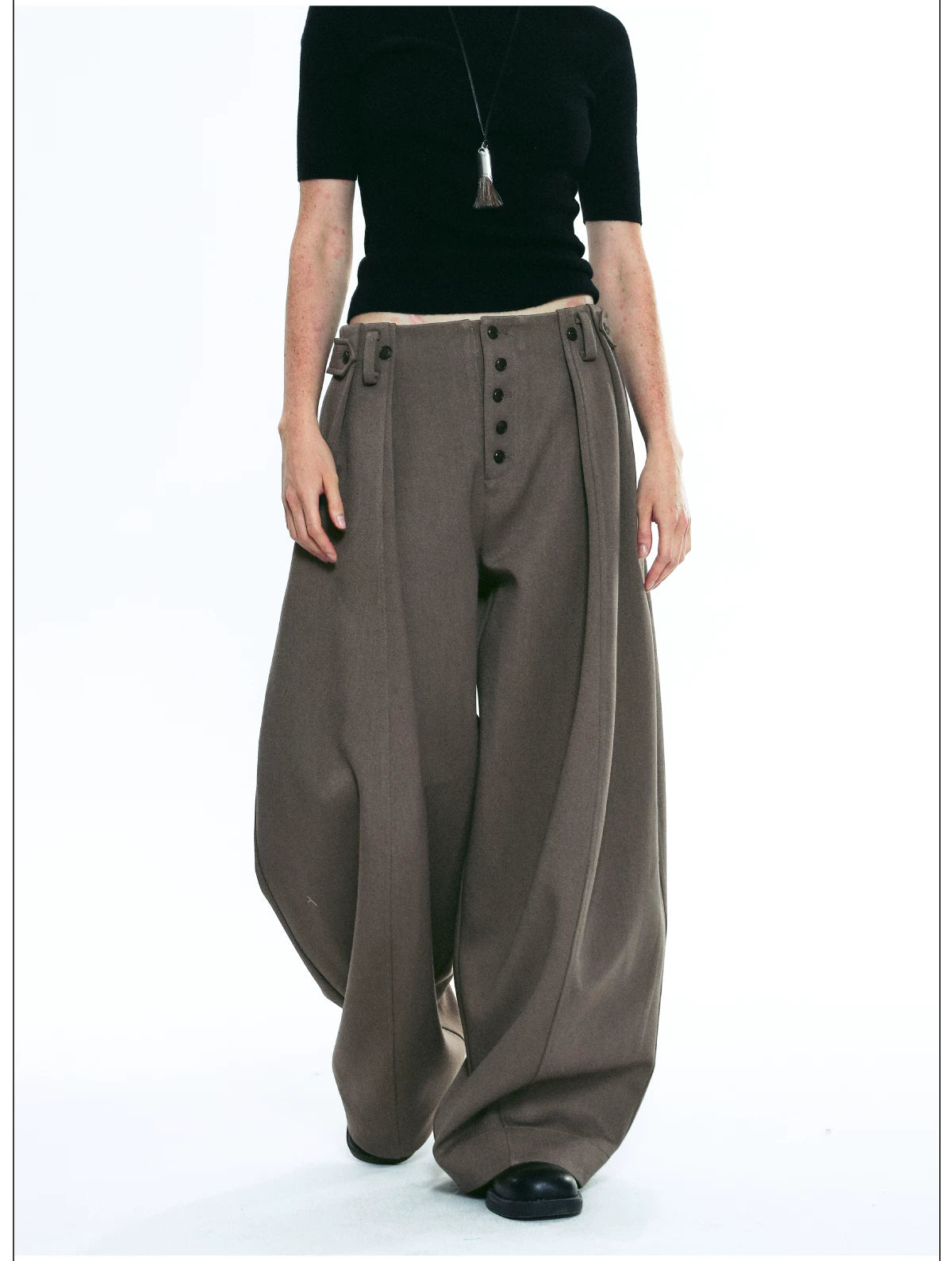 Exposed Button Pinstripe Wide Trousers