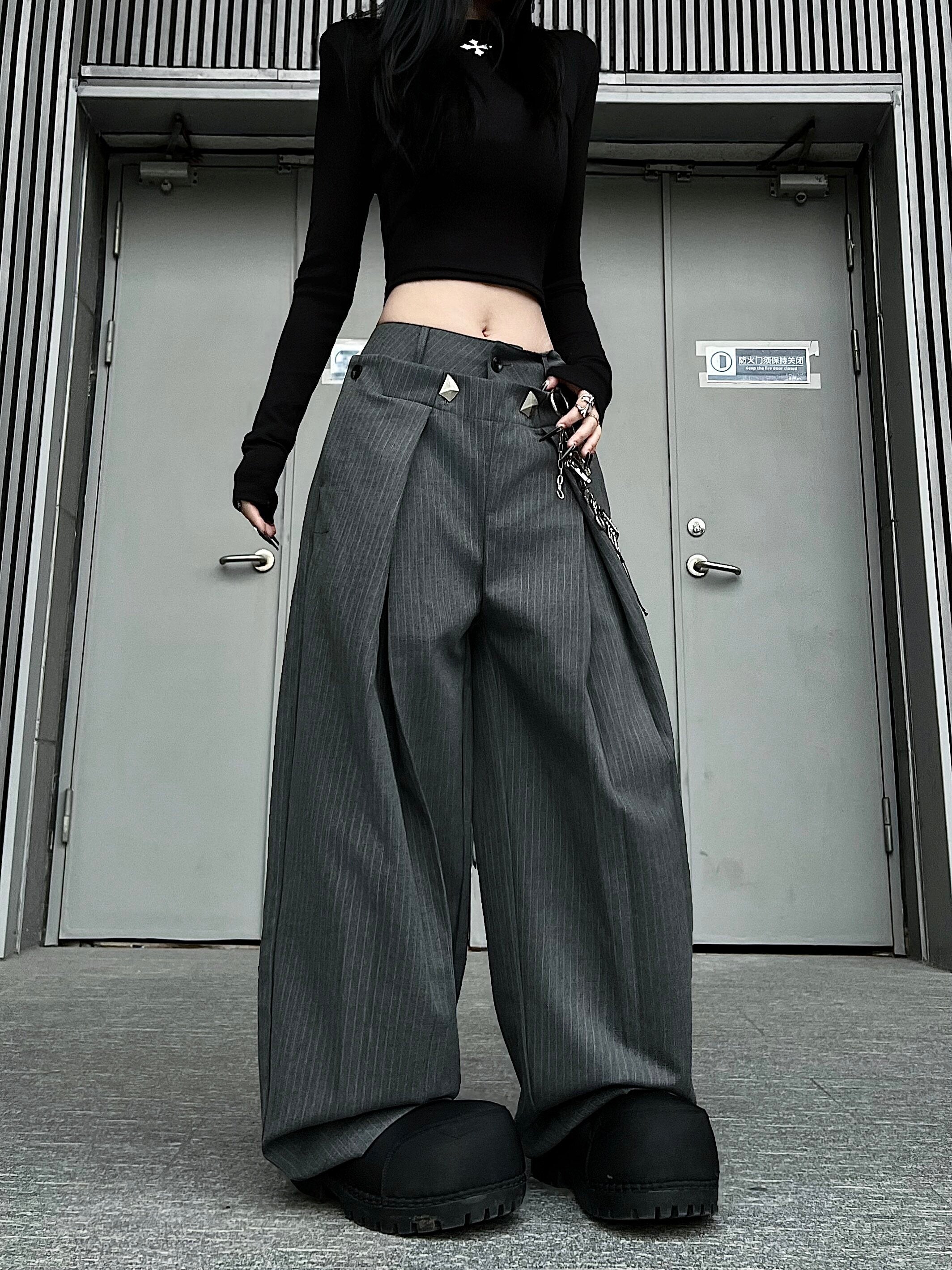 Men's Double-Waist Pleated Pinstripe Wide-Leg Trousers