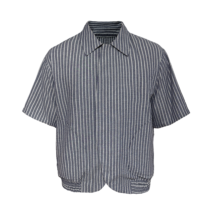 Vertical-Stripe Short-Sleeve Shirt with Curved Hem