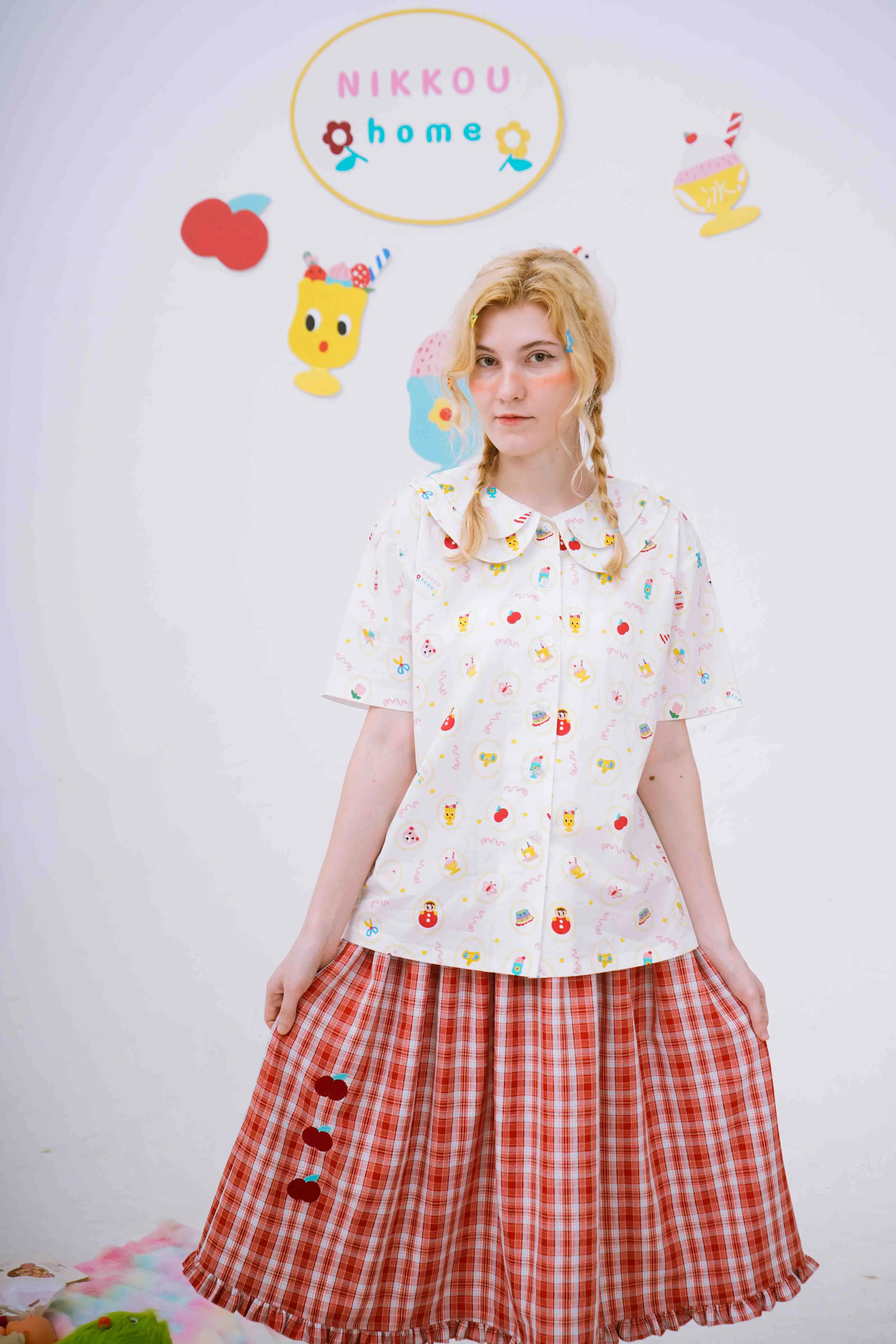 Sweet Milkshake Print Peter Pan Collar Blouse
