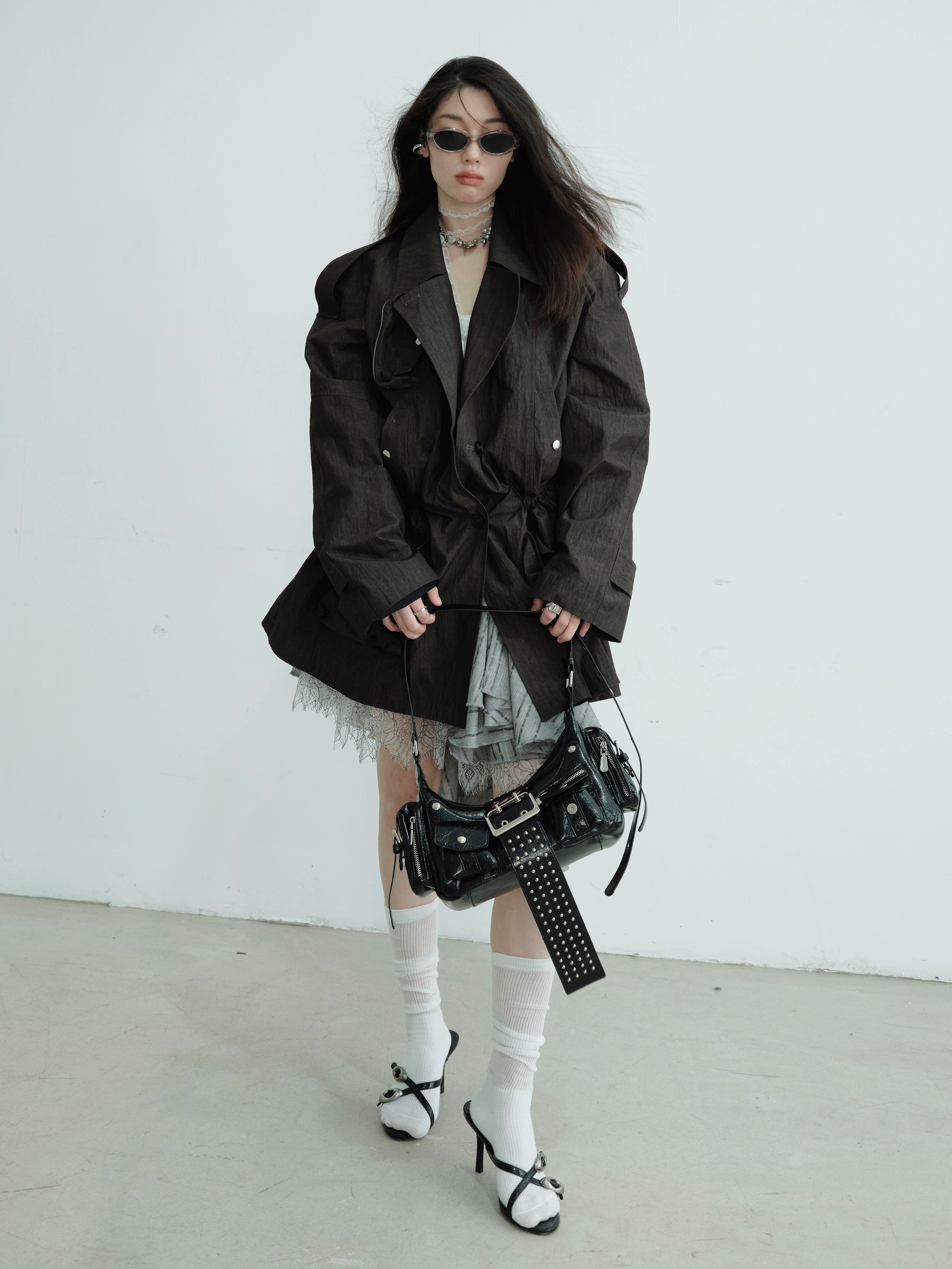 Belted Utility Pocket Military Jacket Black