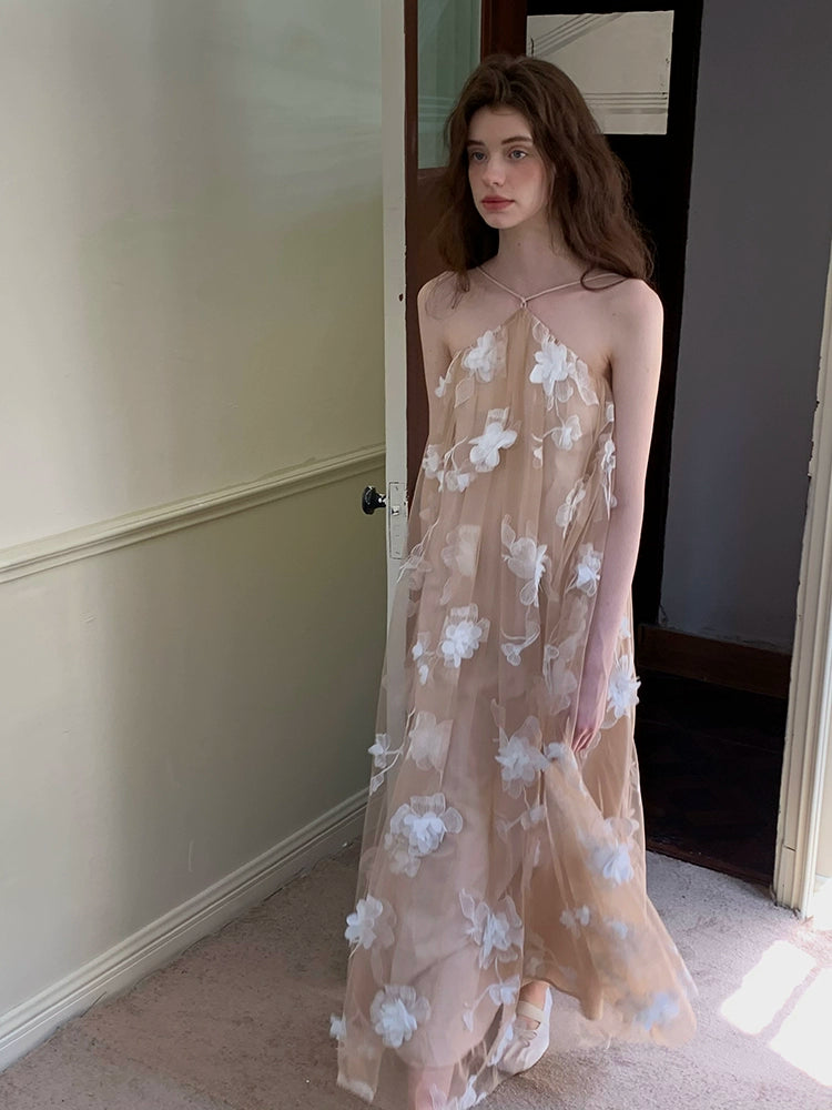 Floral Appliqué Sheer Maxi Dress