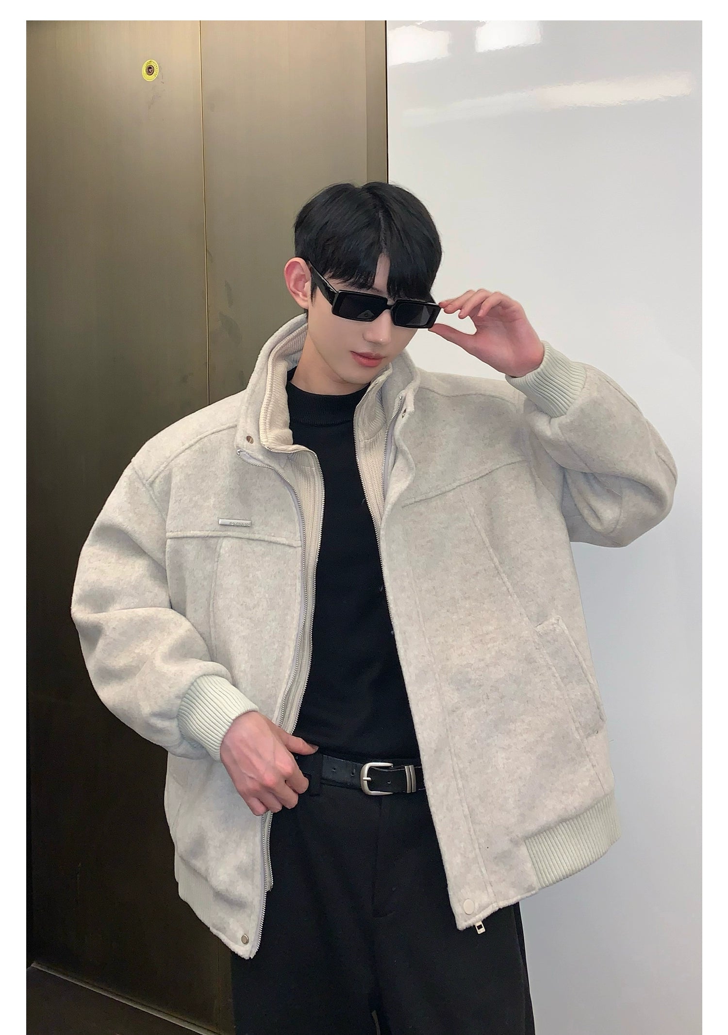 Bomber Jacket with Stand Collar and Ribbed Cuffs