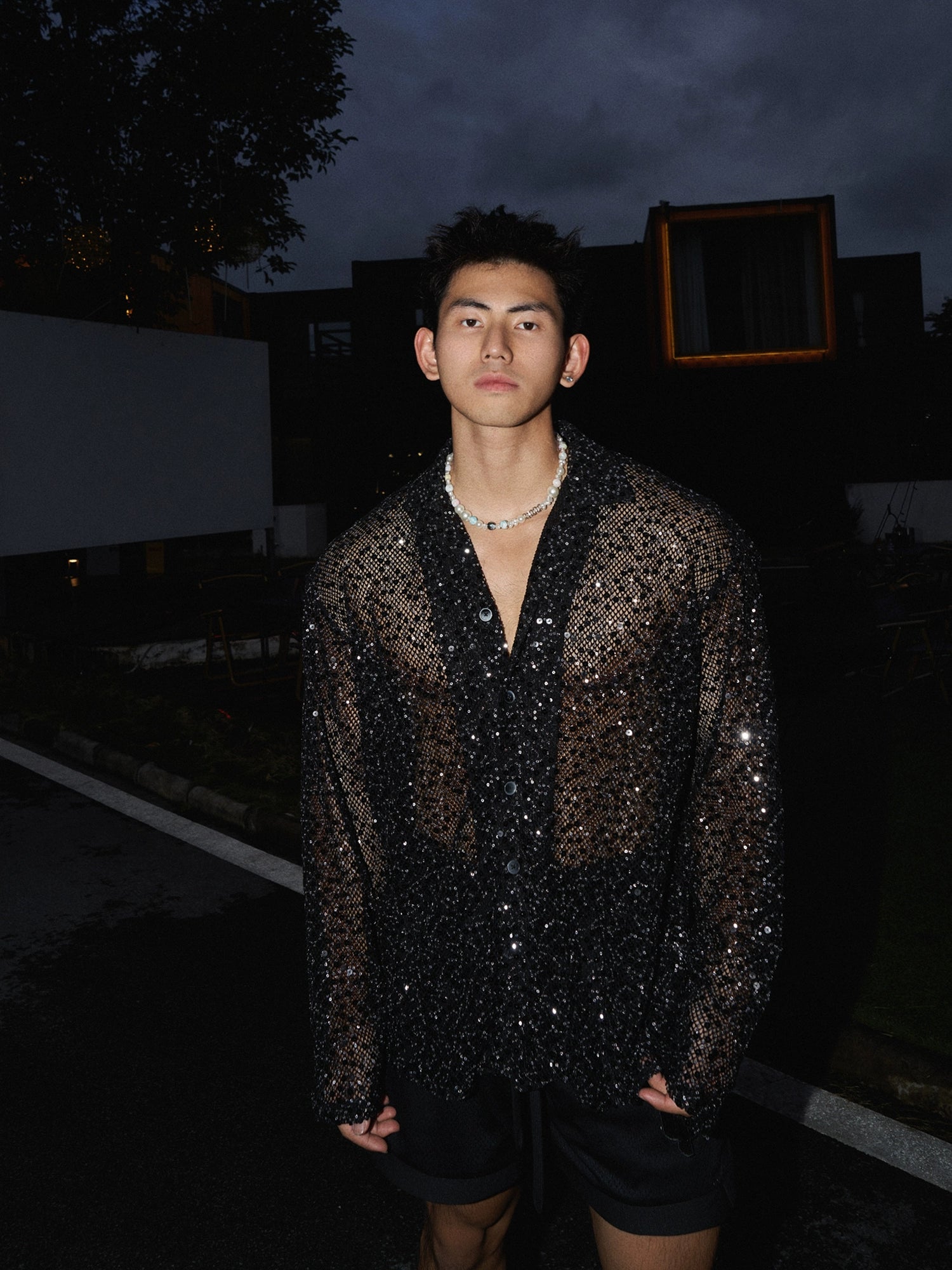 Silver Sequin Cutout Long Sleeve Shirt