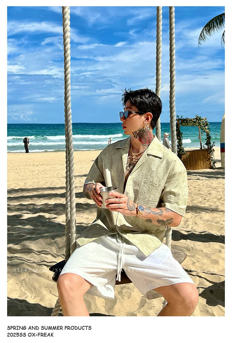 Seersucker Cuban Collar Short-Sleeve Shirt