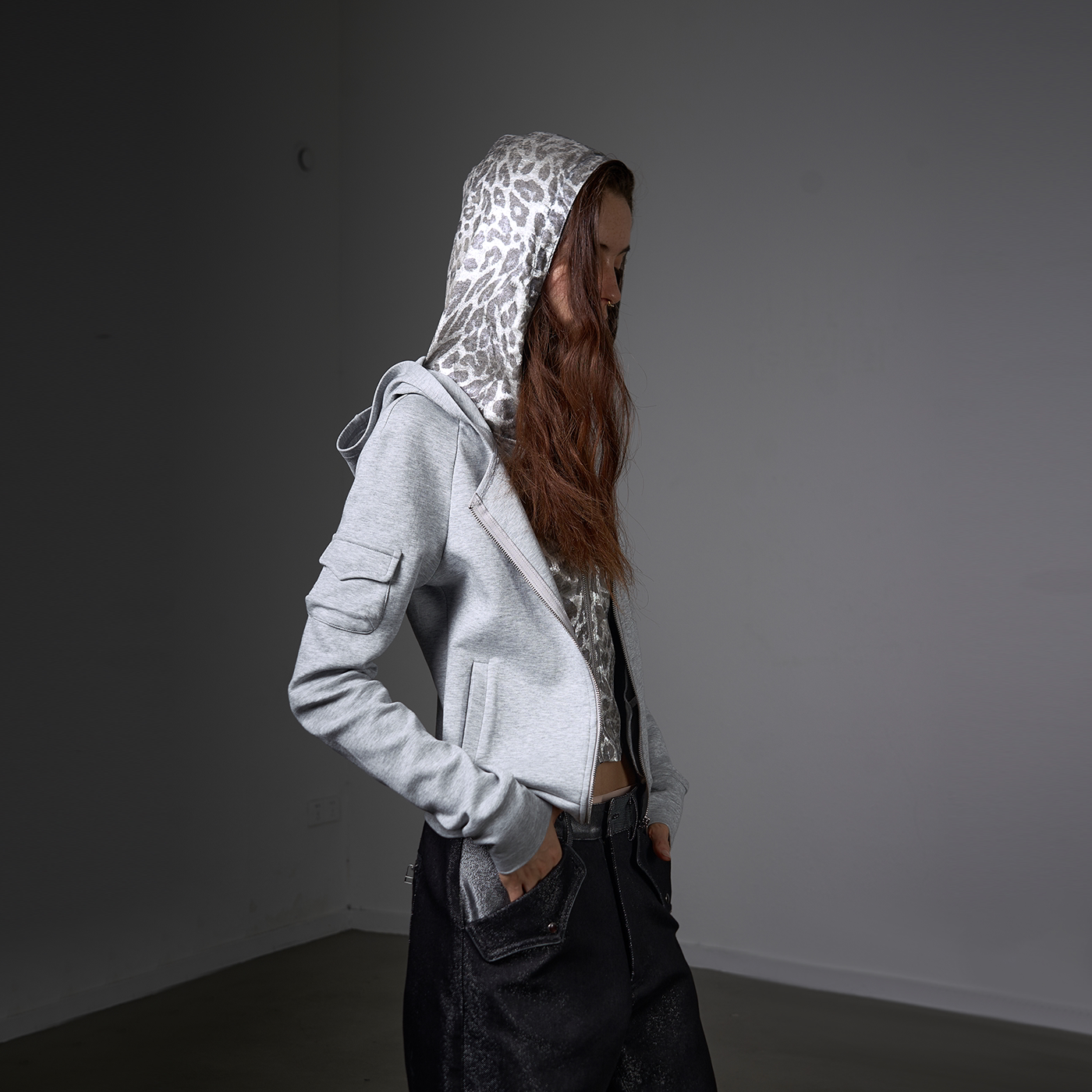 RudeLeopard Double-Layer Silver Leopard Zip Hoodie