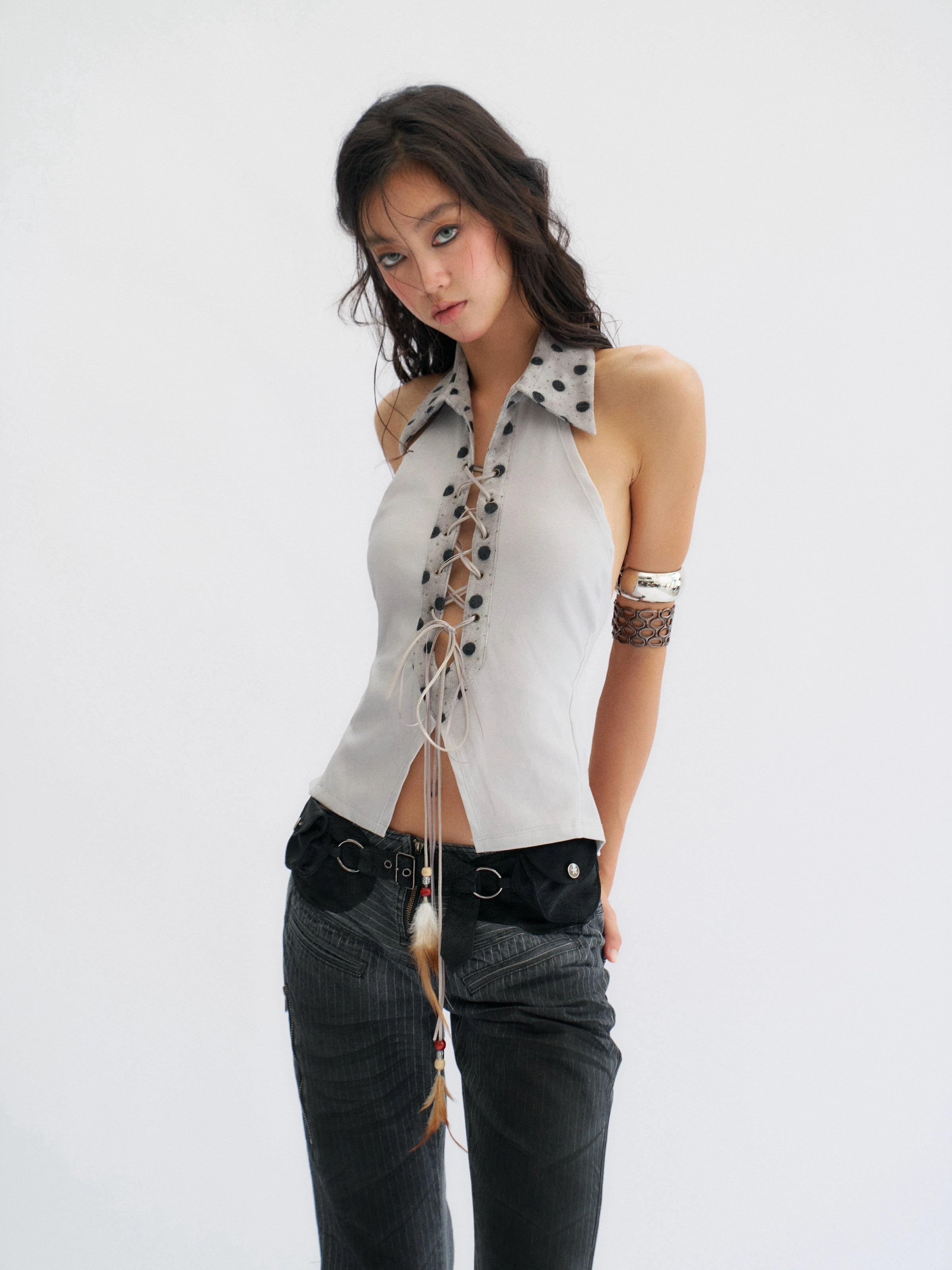 Smoke Dotted Lace-Up Halter Top