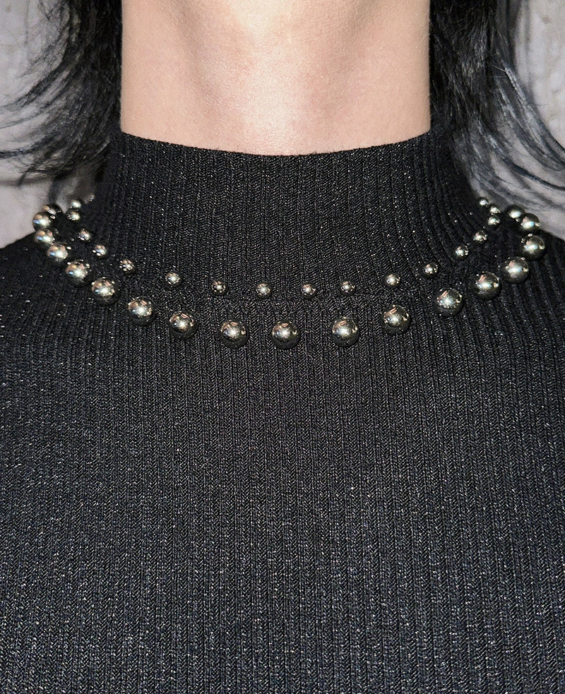 Black Studded Collar Ribbed Knit Top