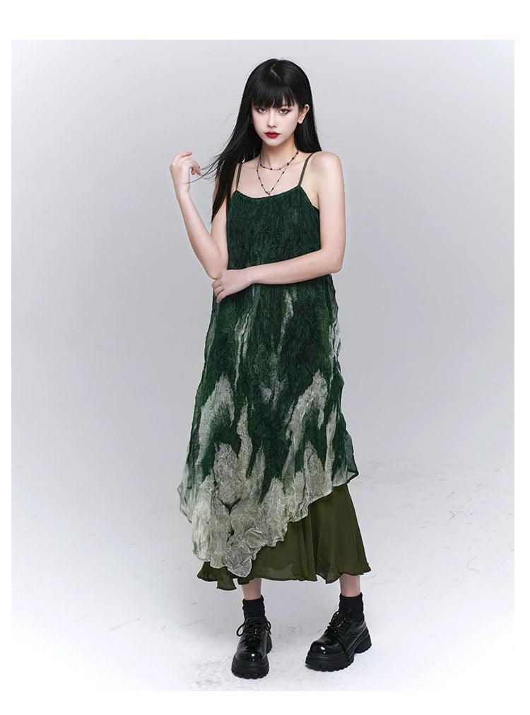 Ladyghost Forest Sprite 레이어드 맥시 드레스 - 여성용 녹색 옴브레 타이 다이 슬립 드레스, 비대칭 밑단
