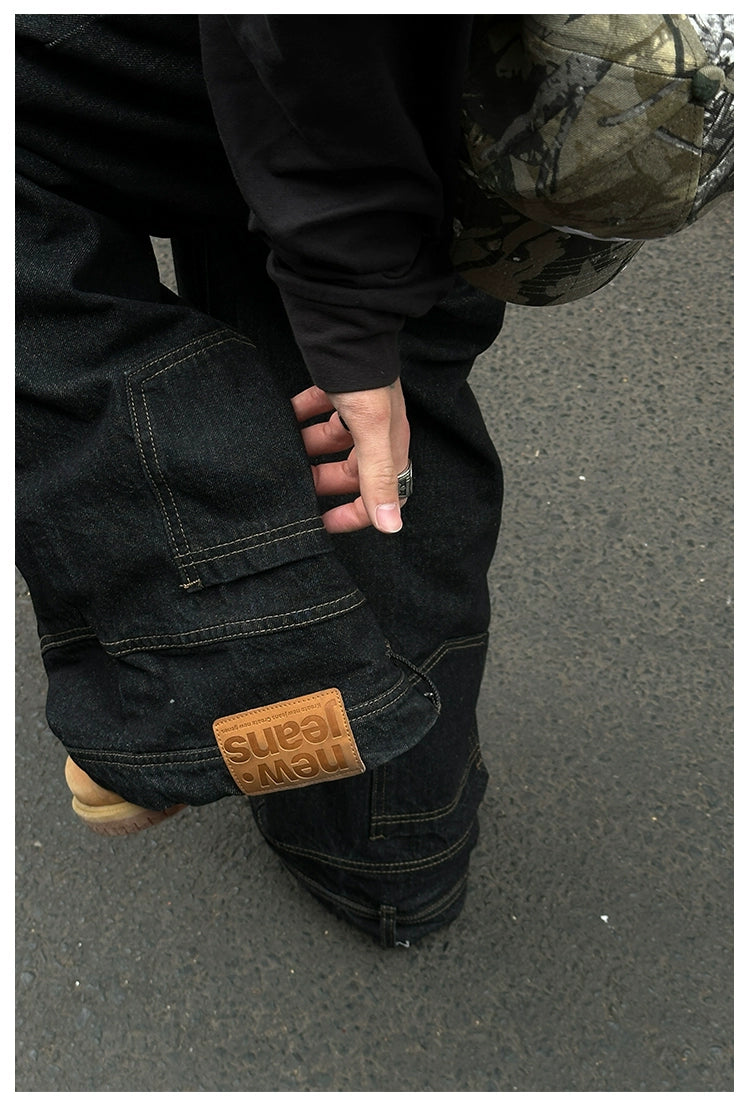 Wide-Leg Black Denim Jeans with Back Patch Pocket