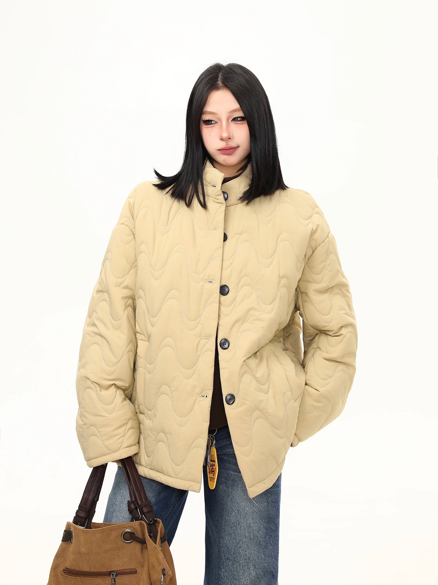 Cream Wave Quilted Stand-Collar Jacket