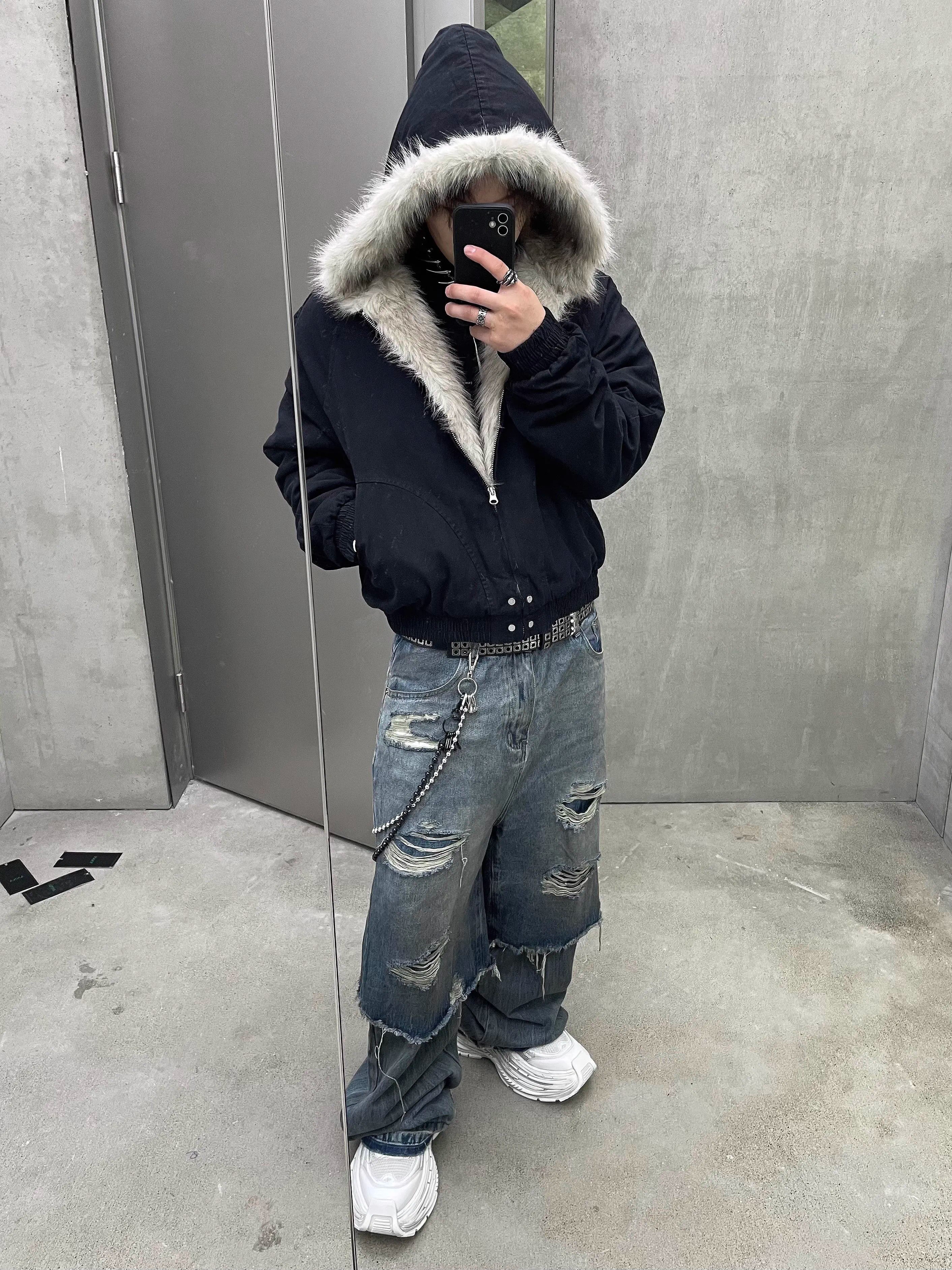 Fake Faux Fur Hood Bomber Jacket
