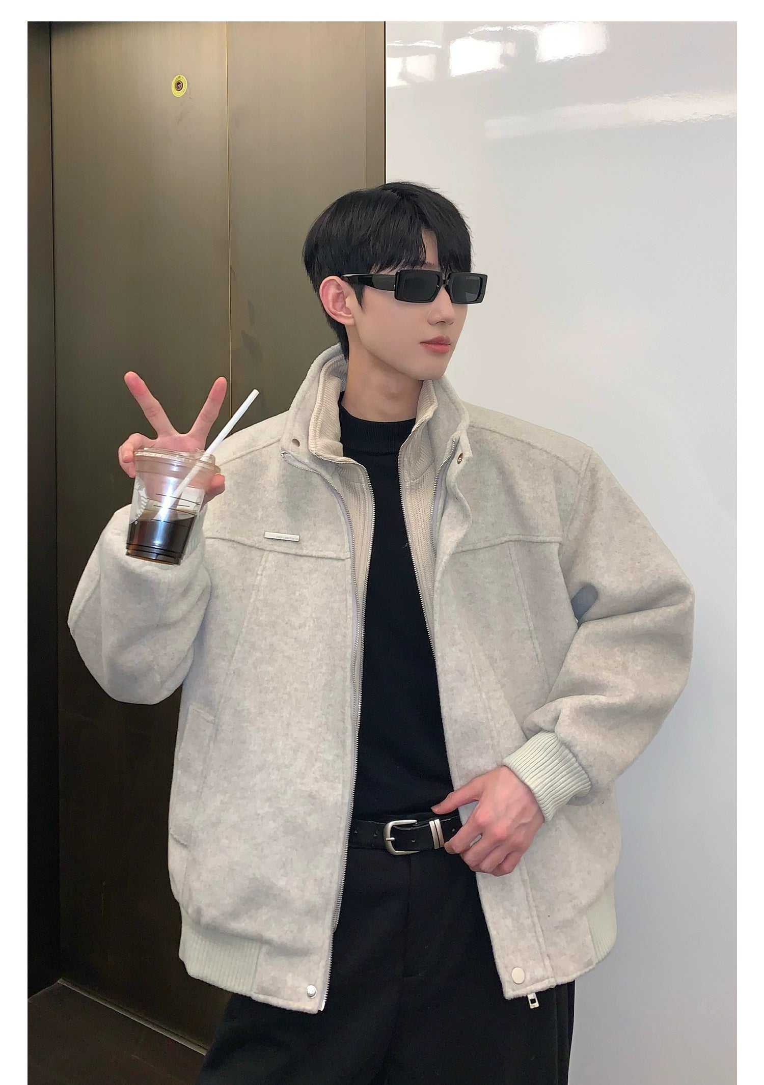 Bomber Jacket with Stand Collar and Ribbed Cuffs