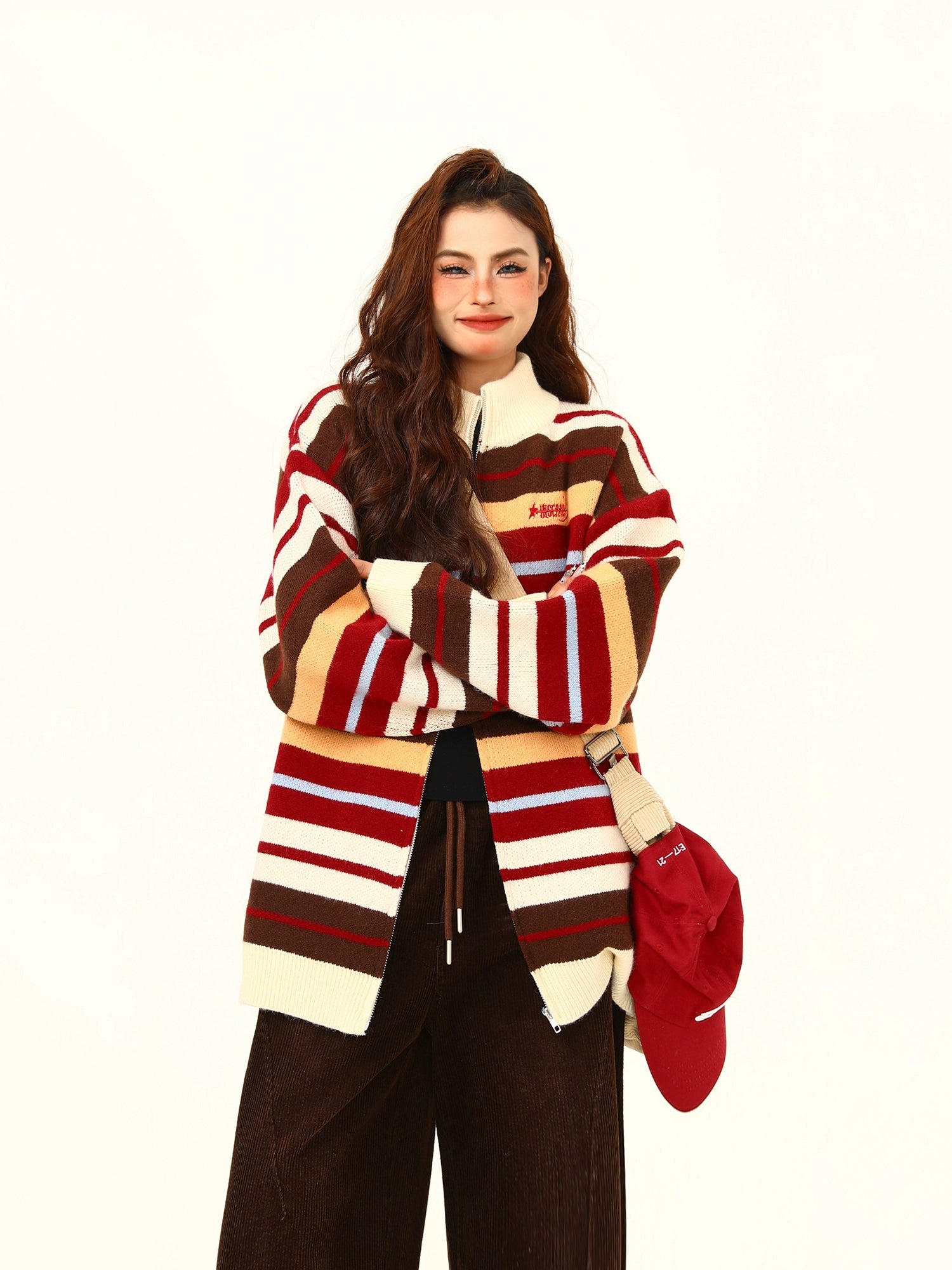 Striped Oversized Knit Zip-Up Sweater