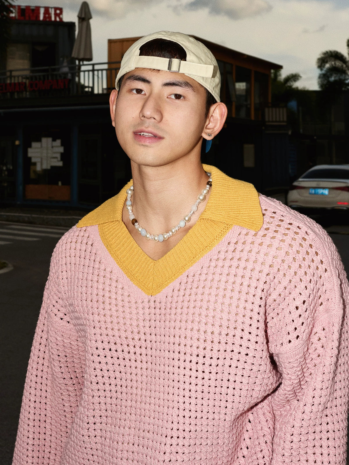 Blush Contrast Collar Open-Knit Sweater
