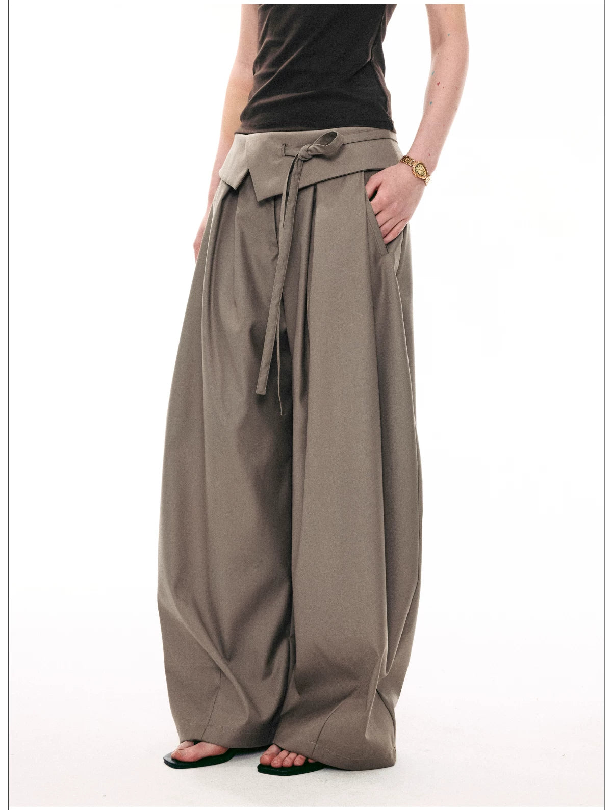 Foldover Tie-Waist Wide Trousers