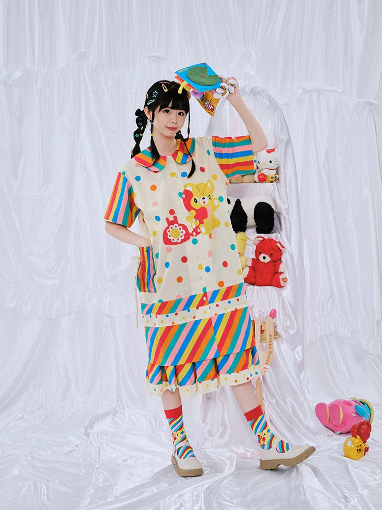 Rainbow Stripe Bear Polka Dot Dress