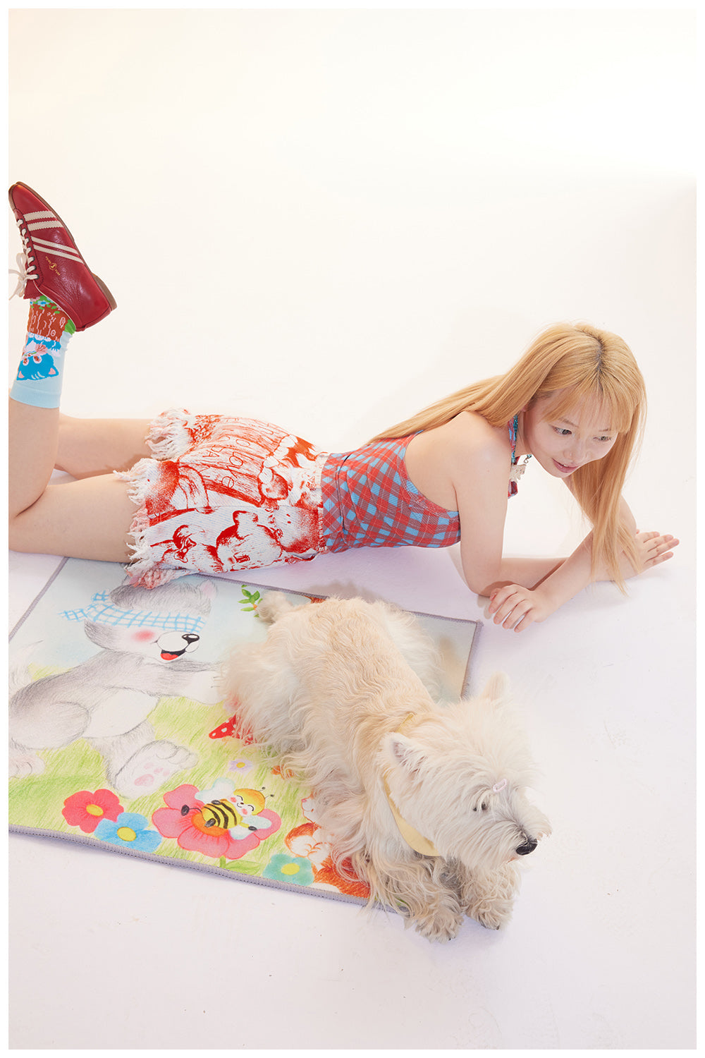 Puppy Print Frayed Denim Skirt