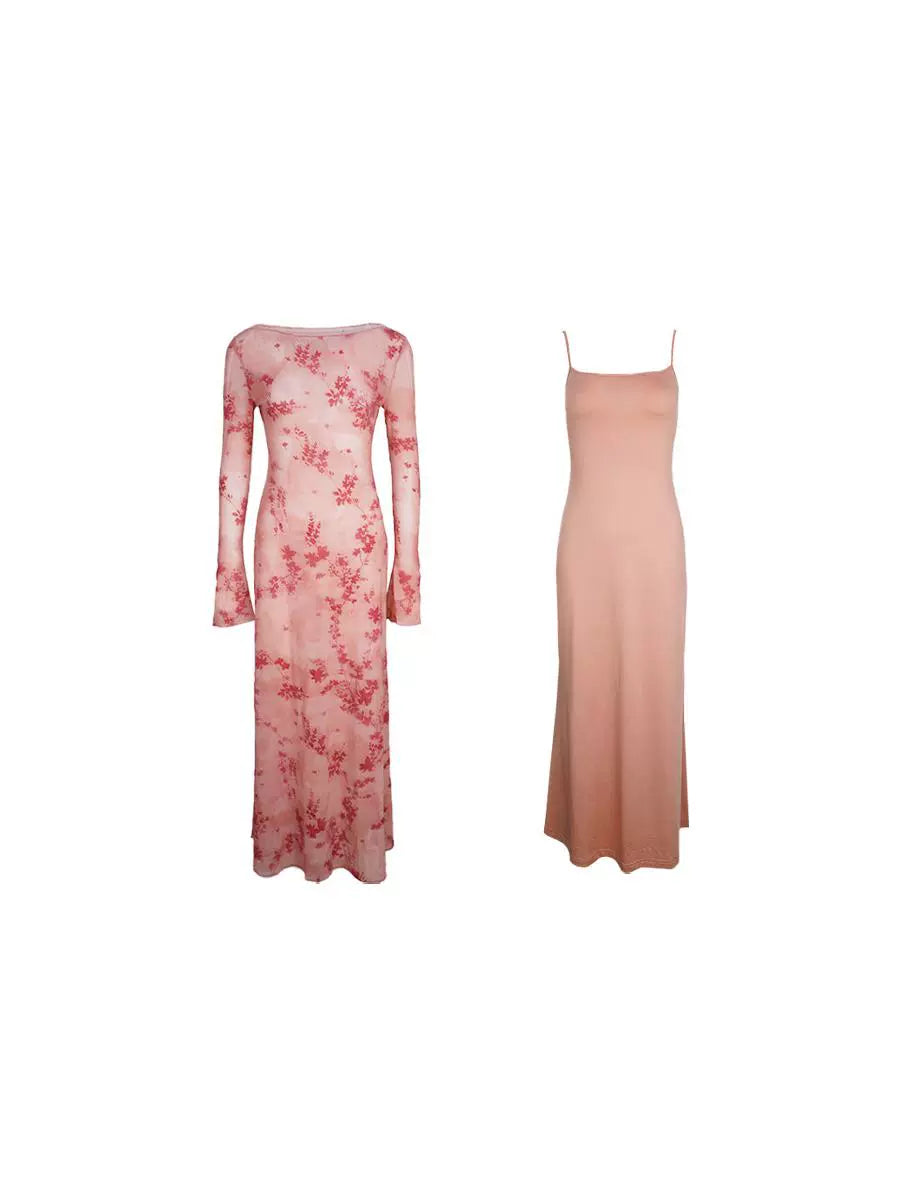 Floral Long Sleeve Maxi Dress and Suspender Set