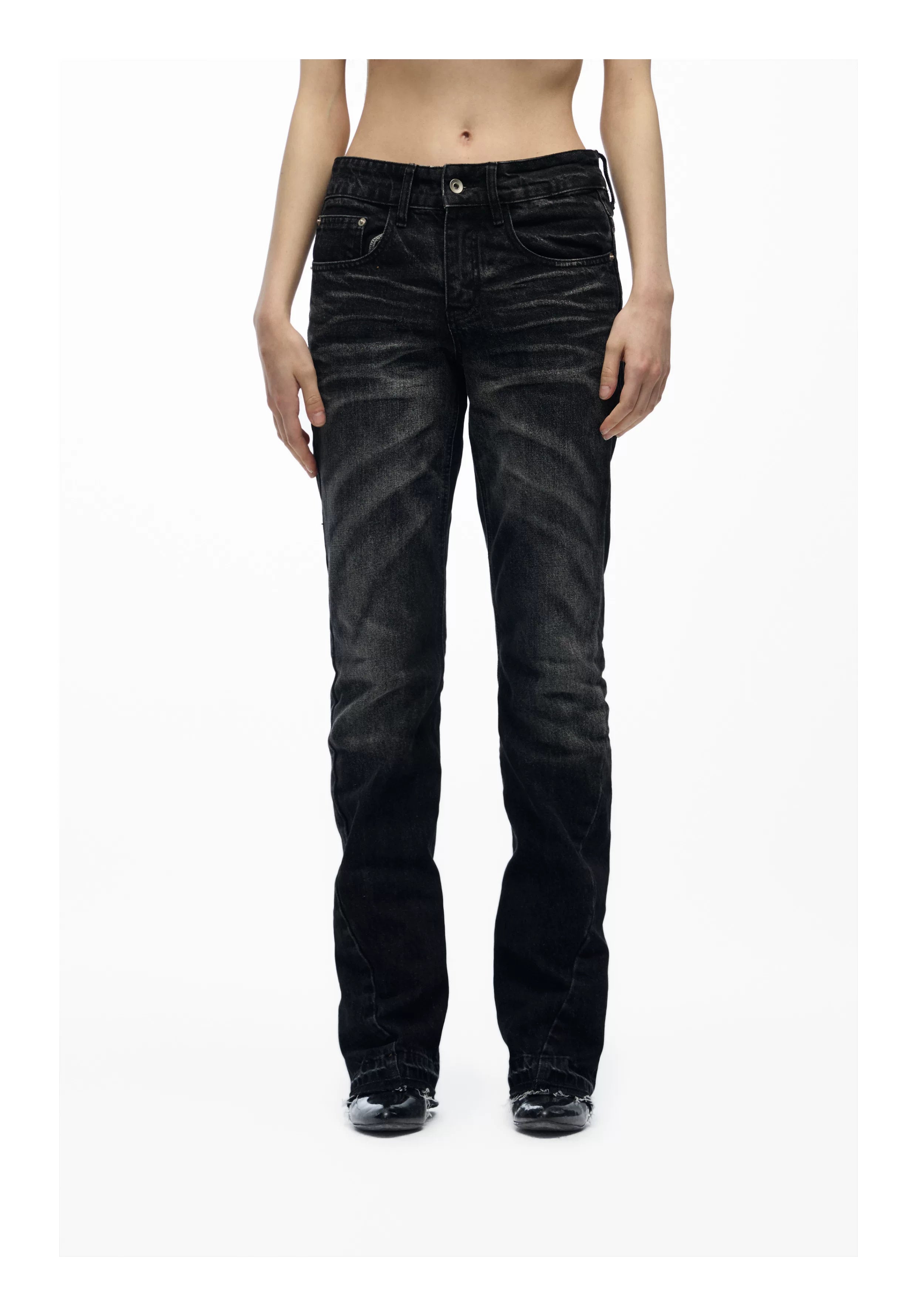 Ash Fade Raw‑Hem Flare Jeans