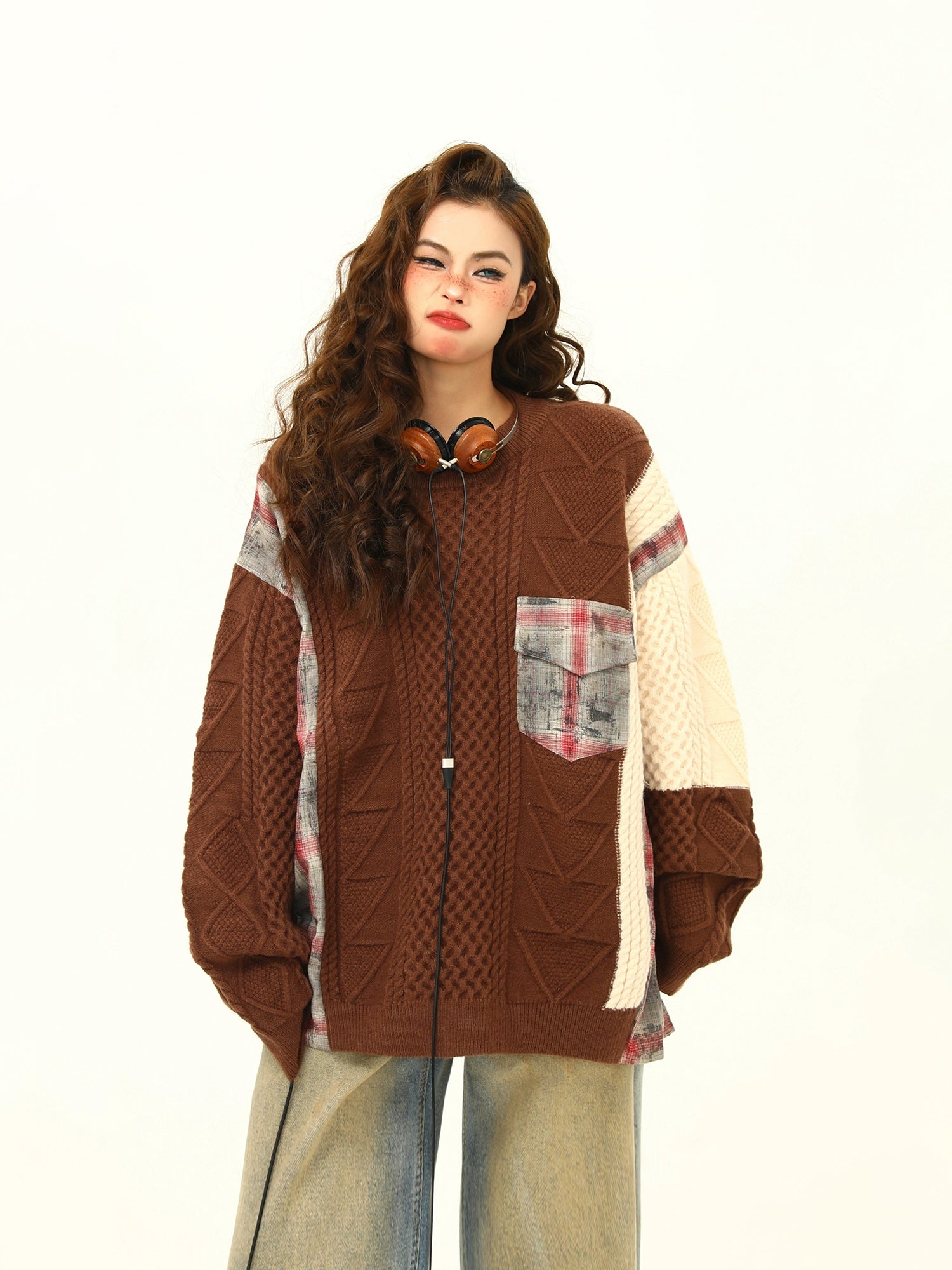 Patchwork Knit and Plaid Sweater