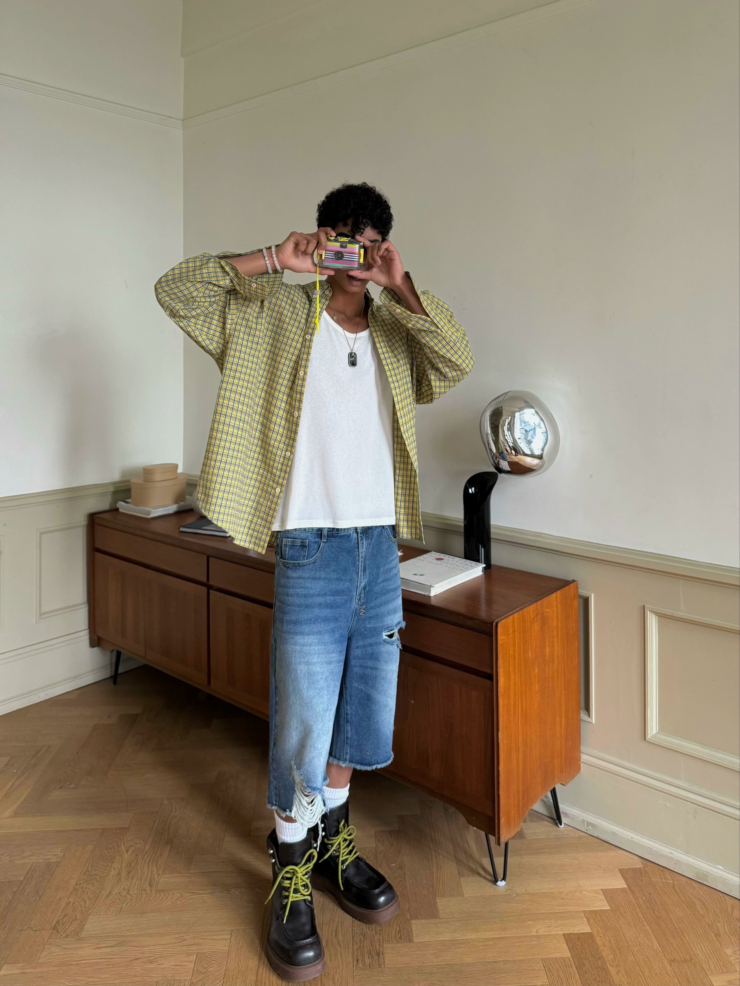 Geometric Pattern Yellow Button Down Shirt