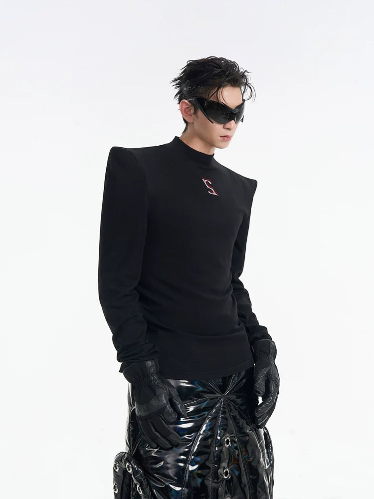 Sharp Shoulder Mock Neck T-Shirt