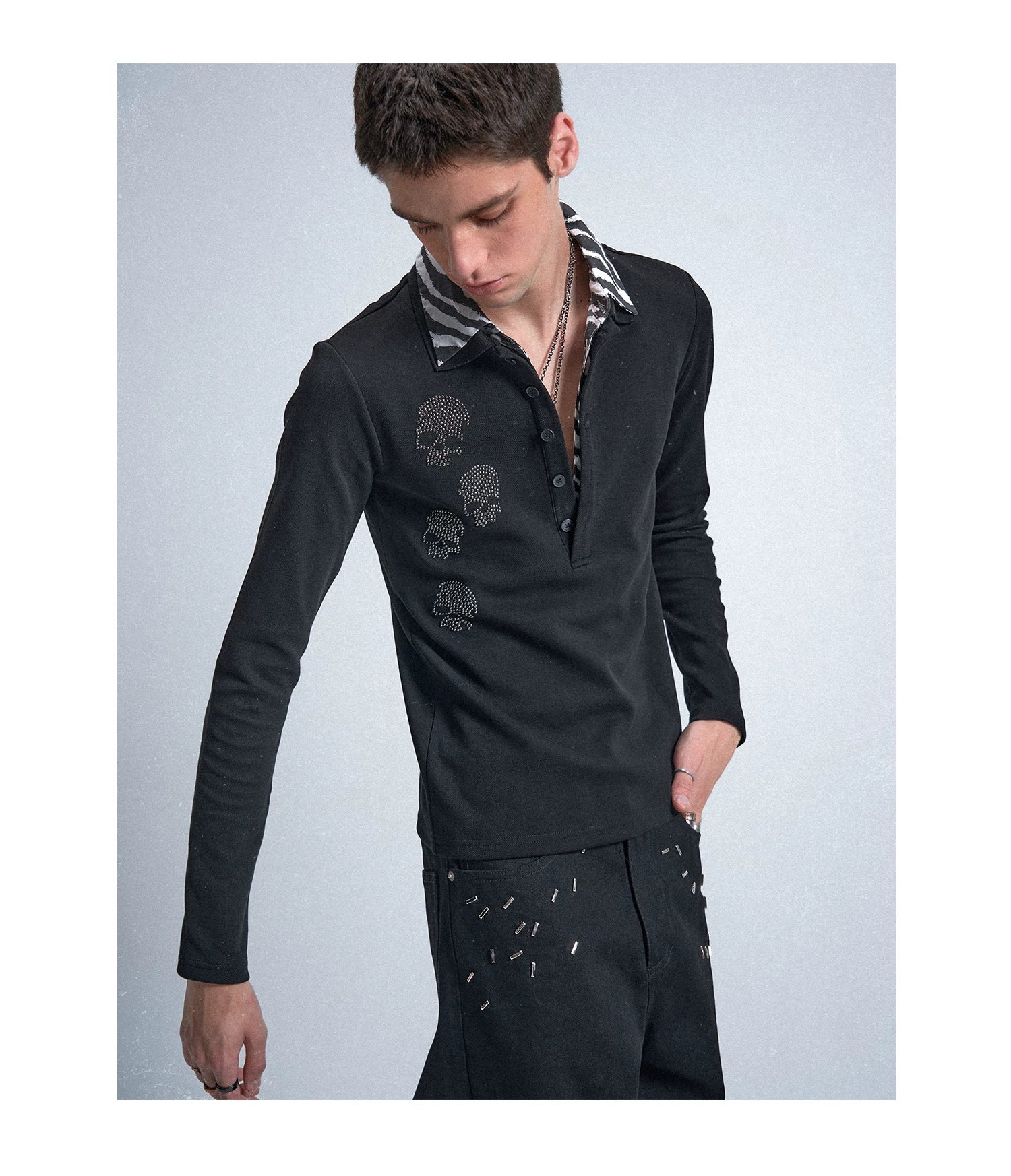 Skull Stripe Collar Long‑Sleeve Polo Sweatshirt