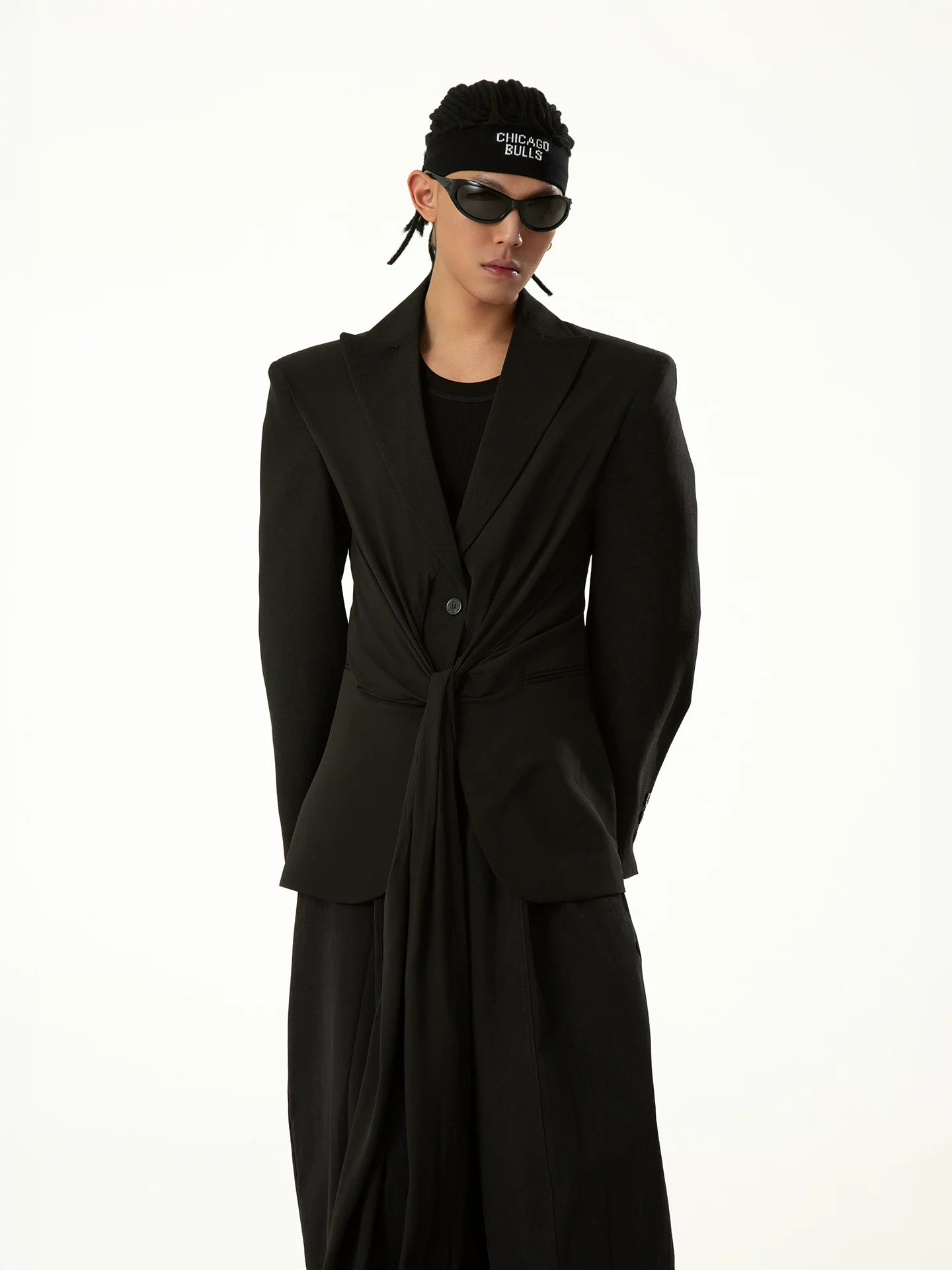 Draped Noir Tie-Front Blazer Coat