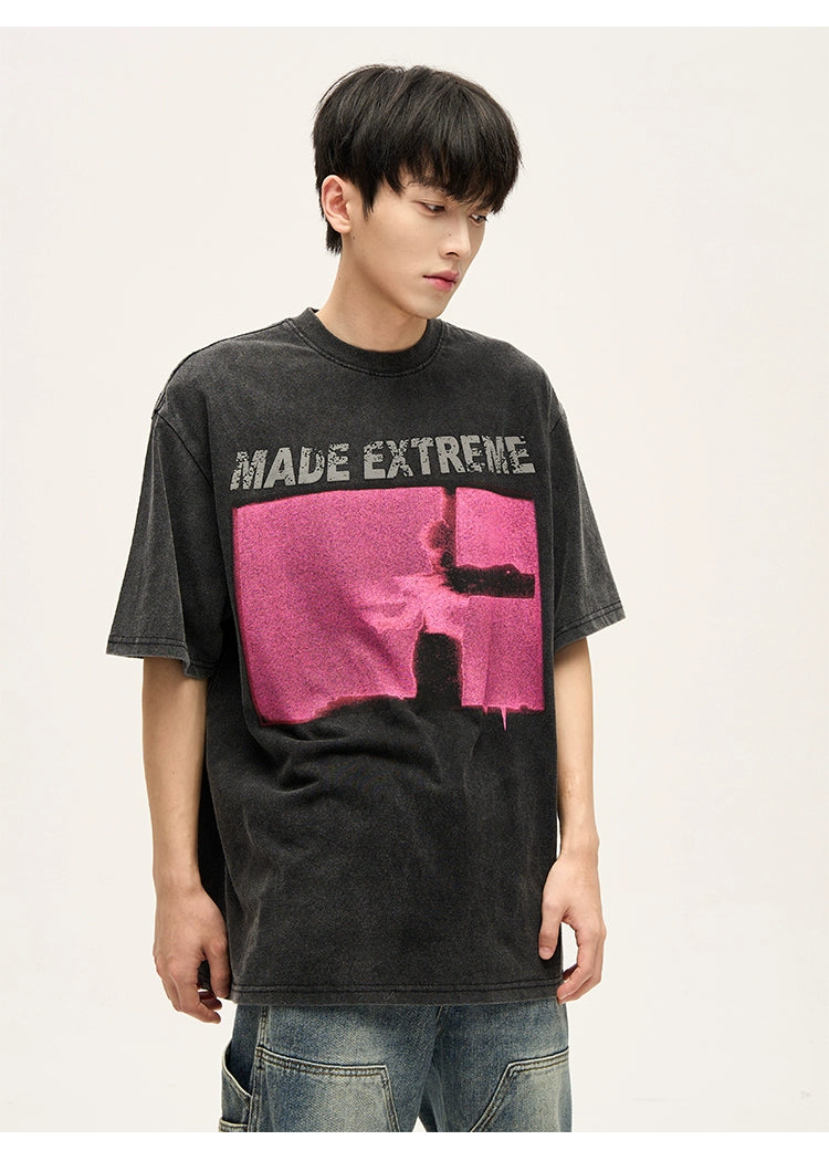 Acid Wash Graphic T-Shirt with Pink Print