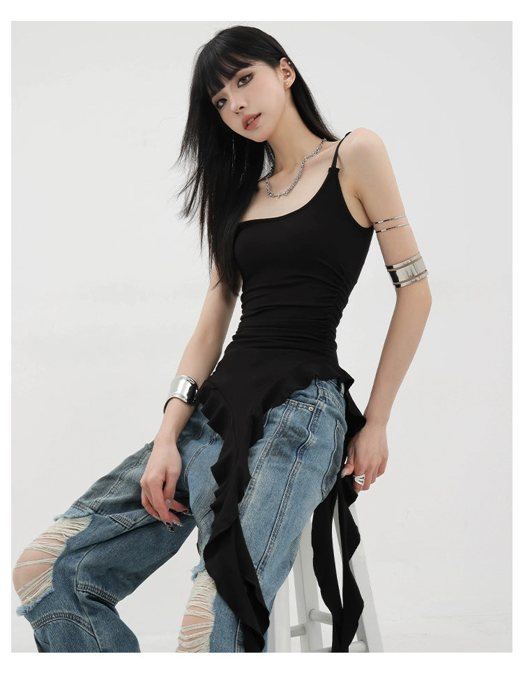 Black Asymmetric Ribbon Strap Tank Top With Ruffle Edge Design - chiclara