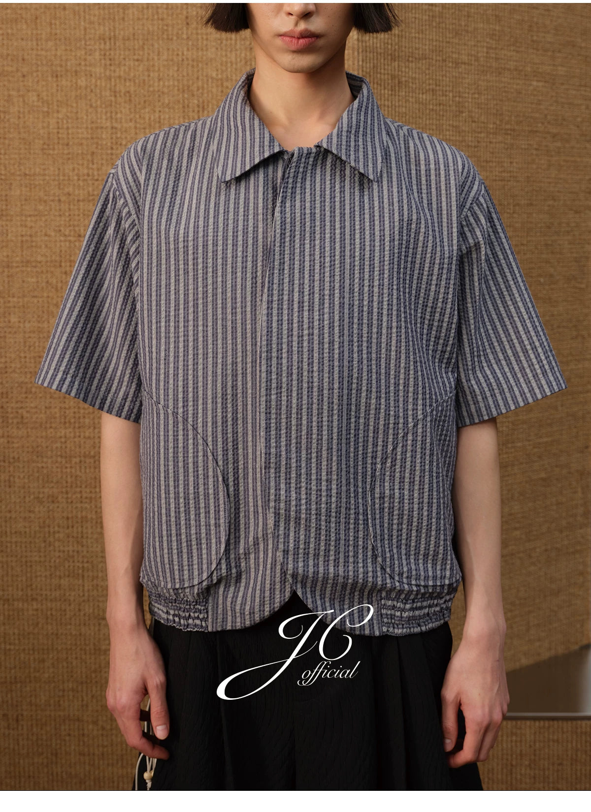 Vertical-Stripe Short-Sleeve Shirt with Curved Hem