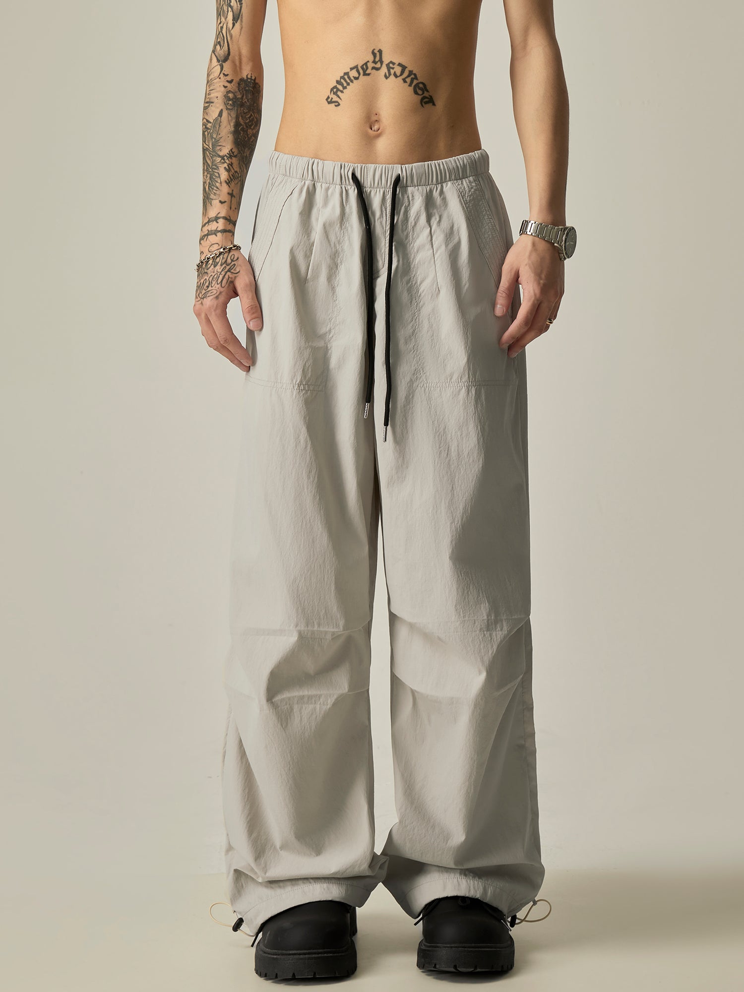 Beige Relaxed Drawstring Track Pants