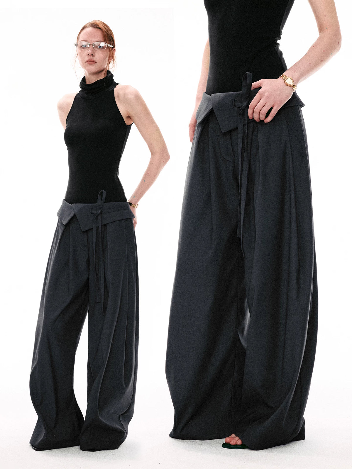 Foldover Tie-Waist Wide Trousers