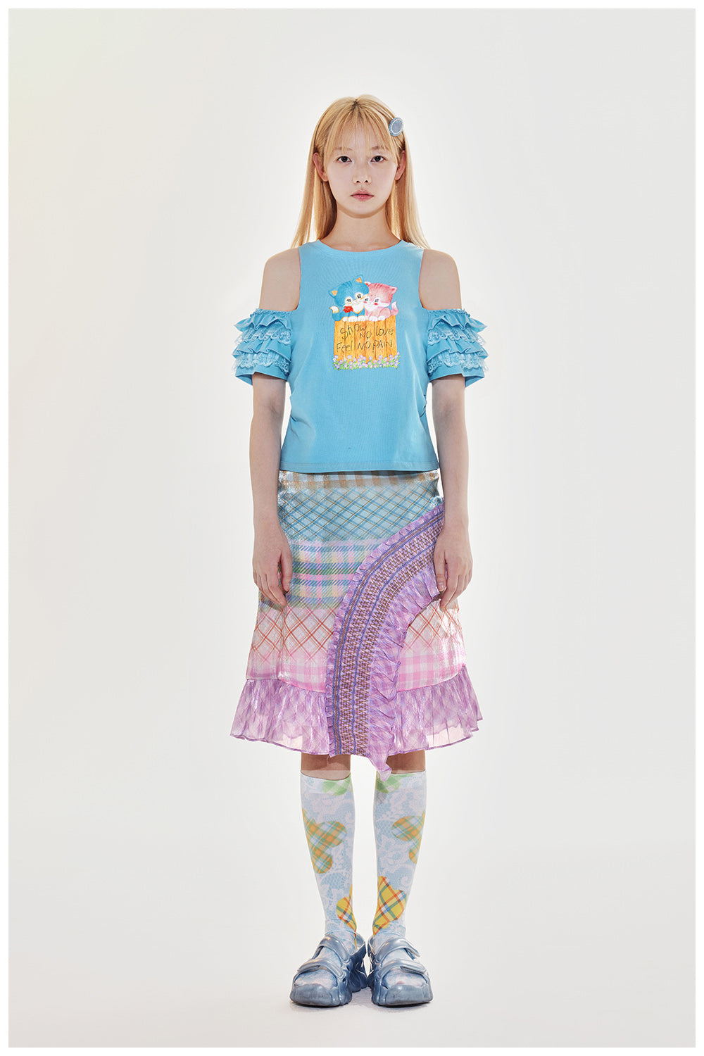 Kitty Print Ruffle Cold Shoulder and T-Shirt