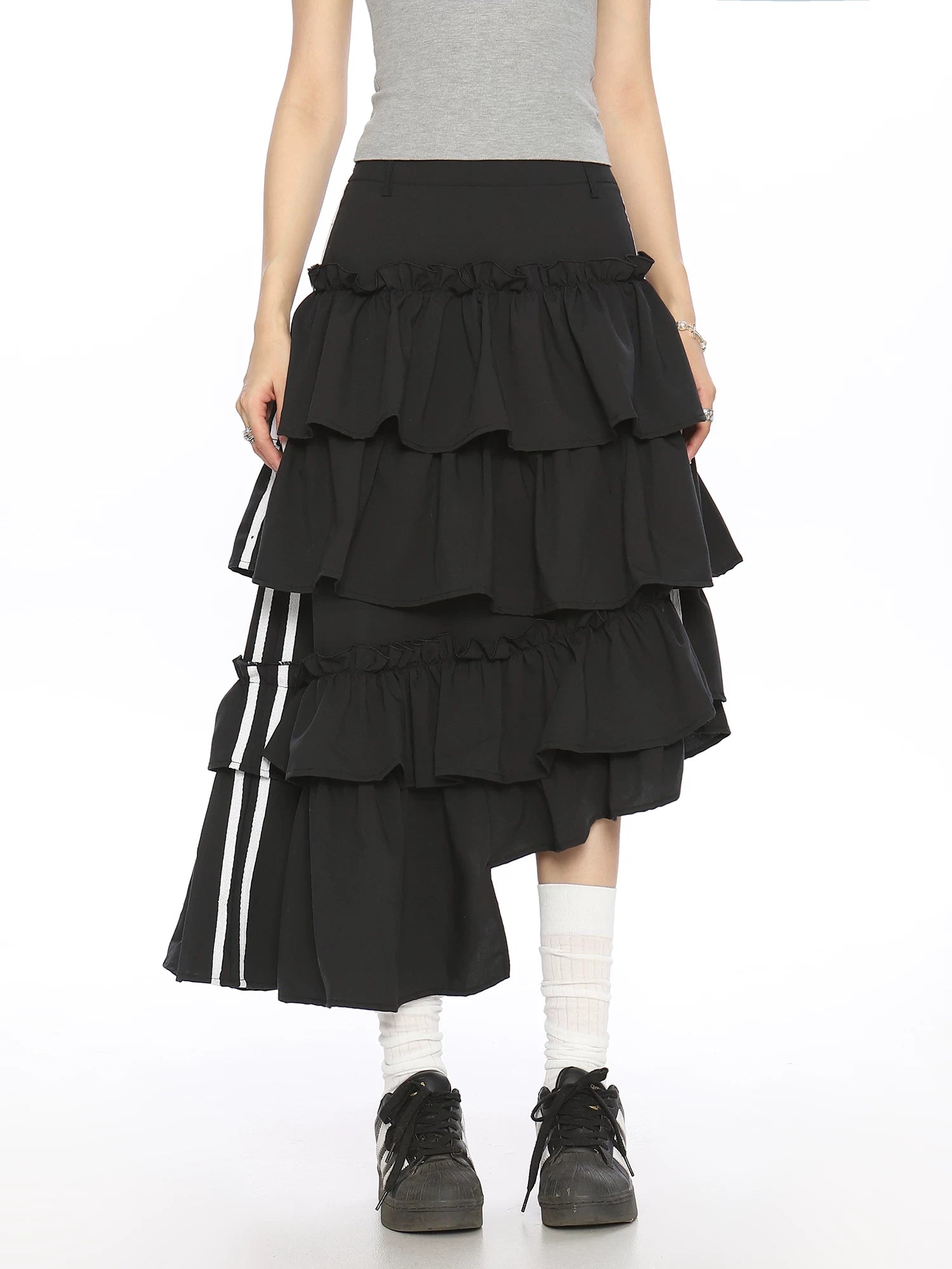 Asymmetric Tiered Ribbon Midi Skirt