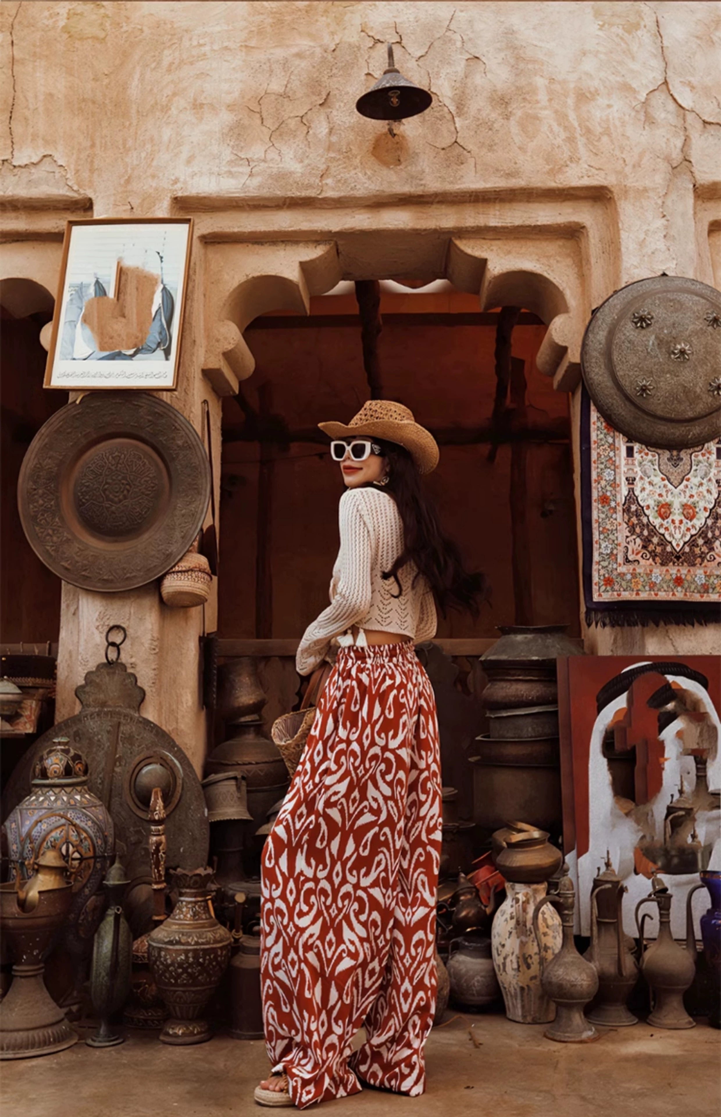 Boho Red and White Print Wide-Leg Pants